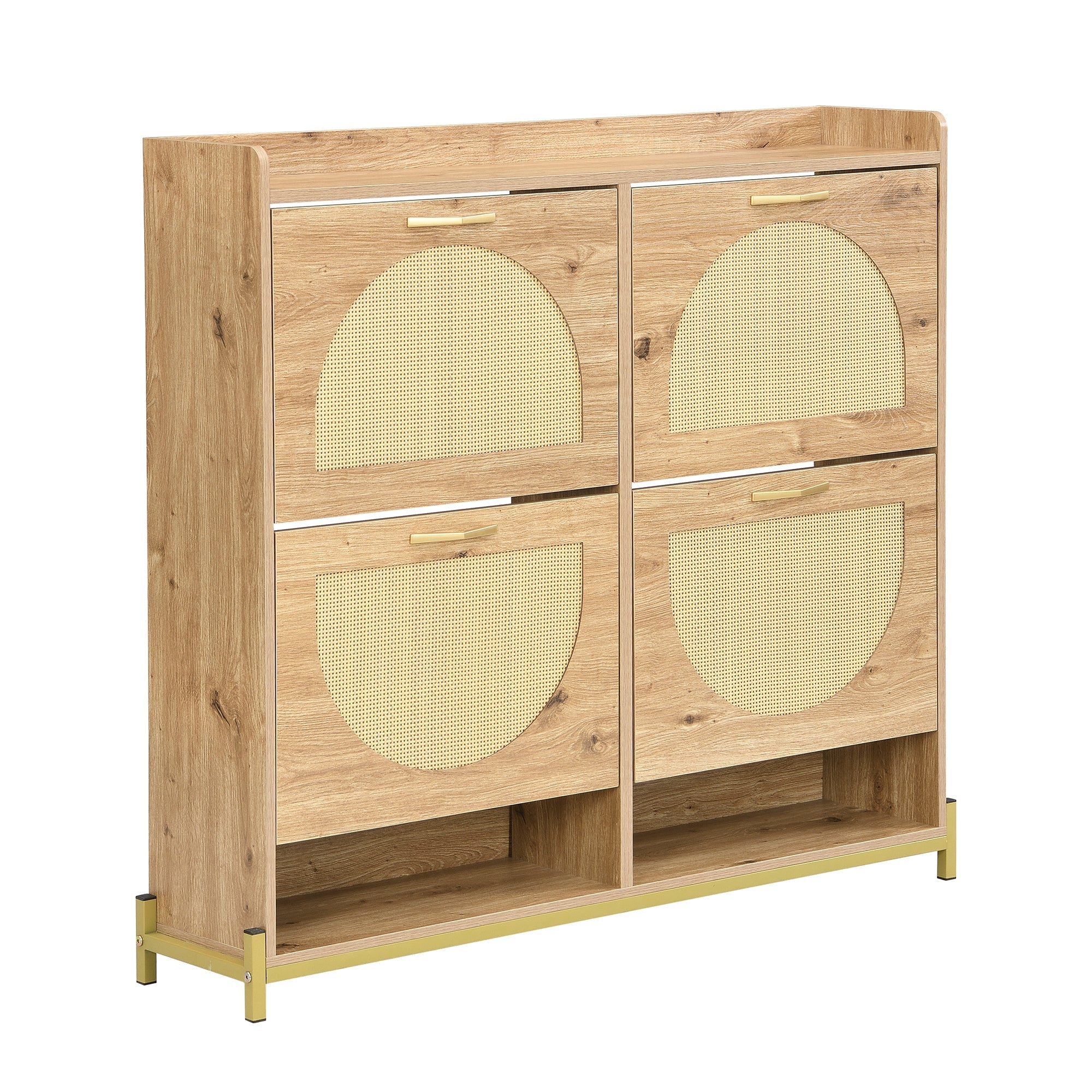 Shoe Cabinet, 4 Doors Metal Frame Top Shelf, Wooden Rattan