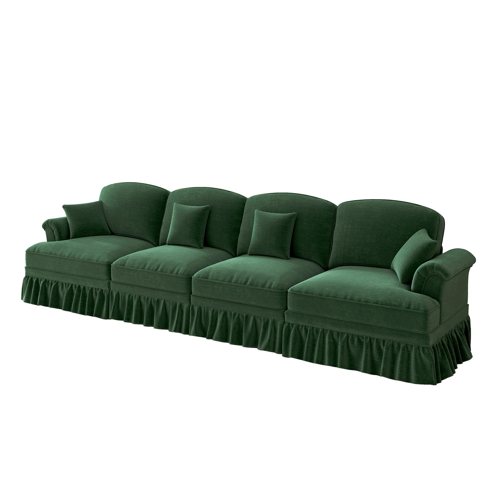 Sofa 4-Seater Mid-Century Chenille Ruffled Apron Spindle Legs - Green