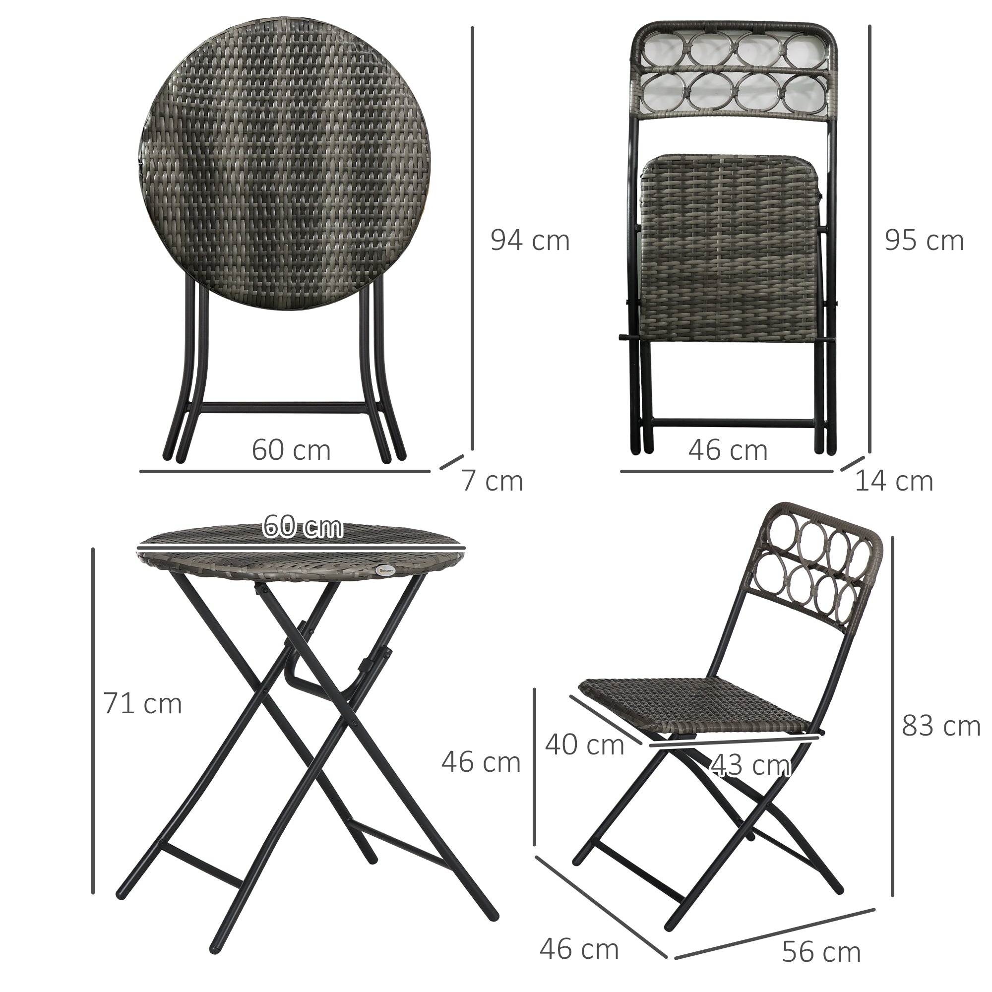3 Piece Bistro Set, Wicker Folding Garden Furniture, Grey