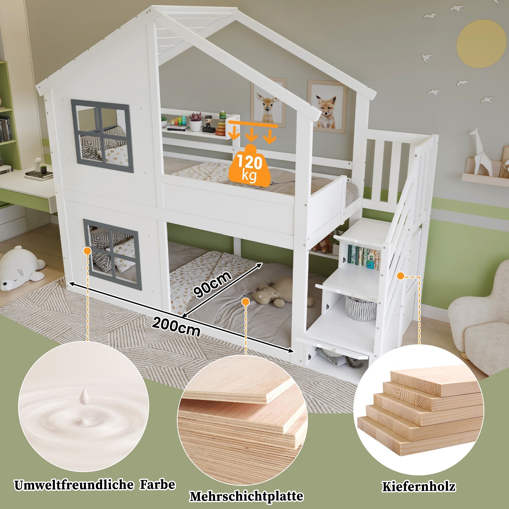 Children's Bunk Bed with Windows, Roof and Storage Cabinet, White and Grey