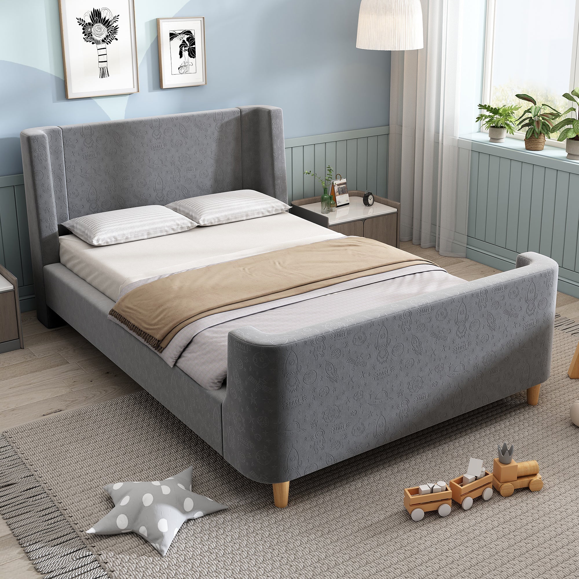 Children's Bed Upholstered Sleigh with Cosmic Pattern, 90x200cm, Grey Velvet
