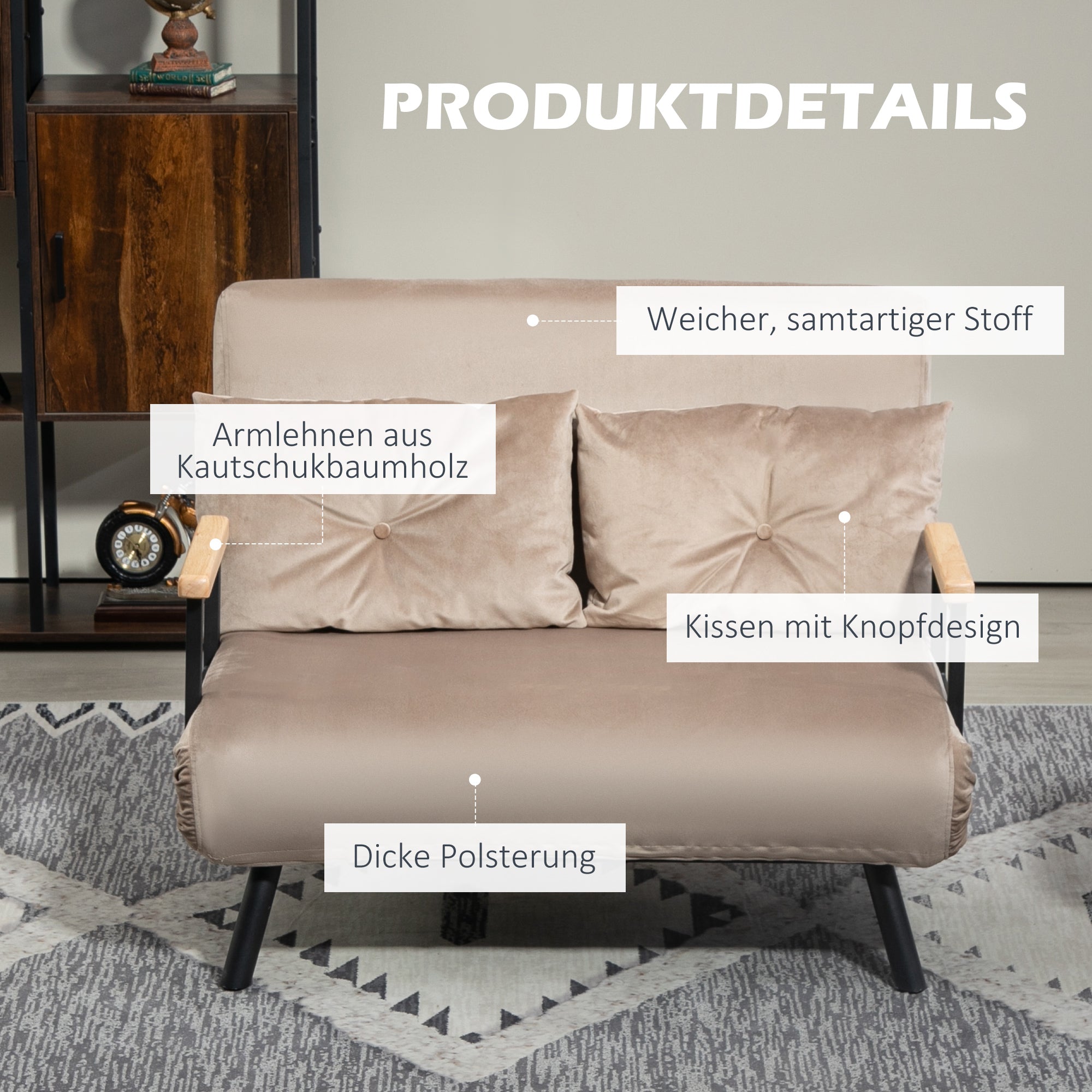 2-Sitzer Schlafsofa, Verstellbare Rückenlehne, Samtoptik Hellbraun