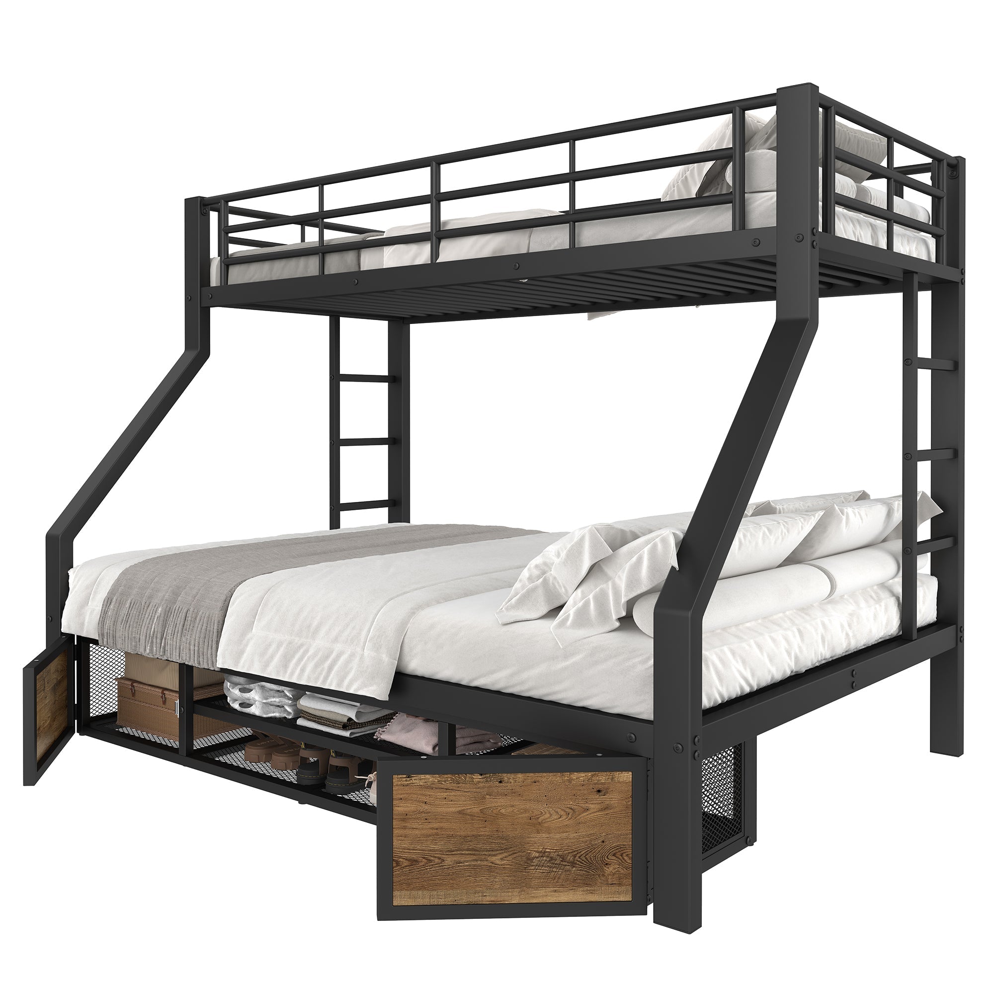 Bunk Bed for Children with Shoe Rack, Storage Compartments and Safety Rails, Black