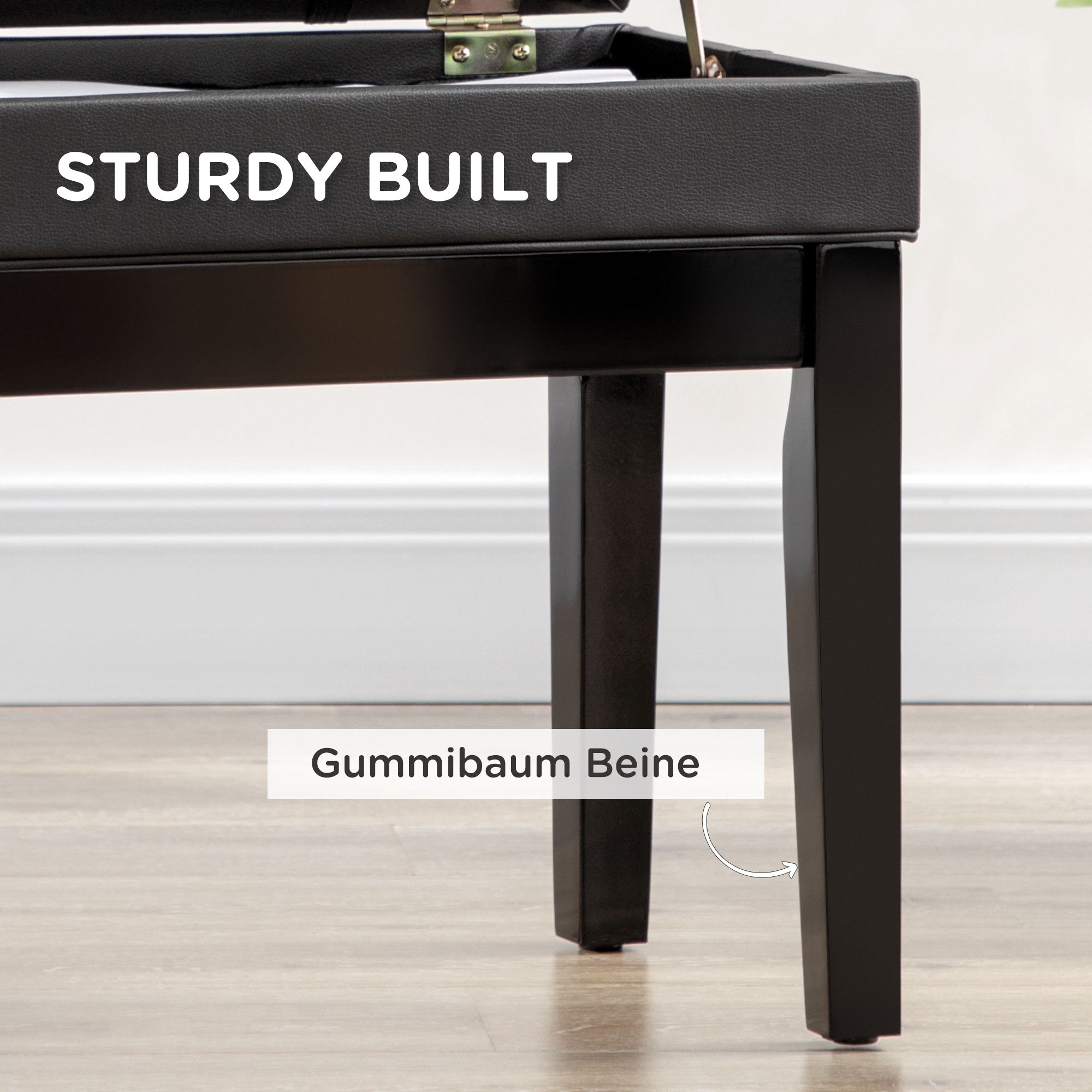 Piano Bench, Height-Adjustable with Storage, Leather Cushion, Black