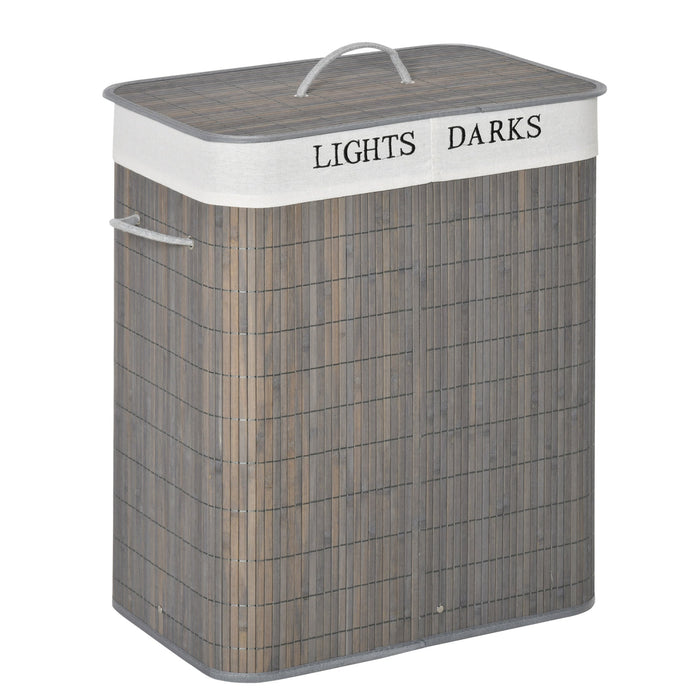 Laundry Basket 100L 2 Compartments Foldable Bamboo, Grey