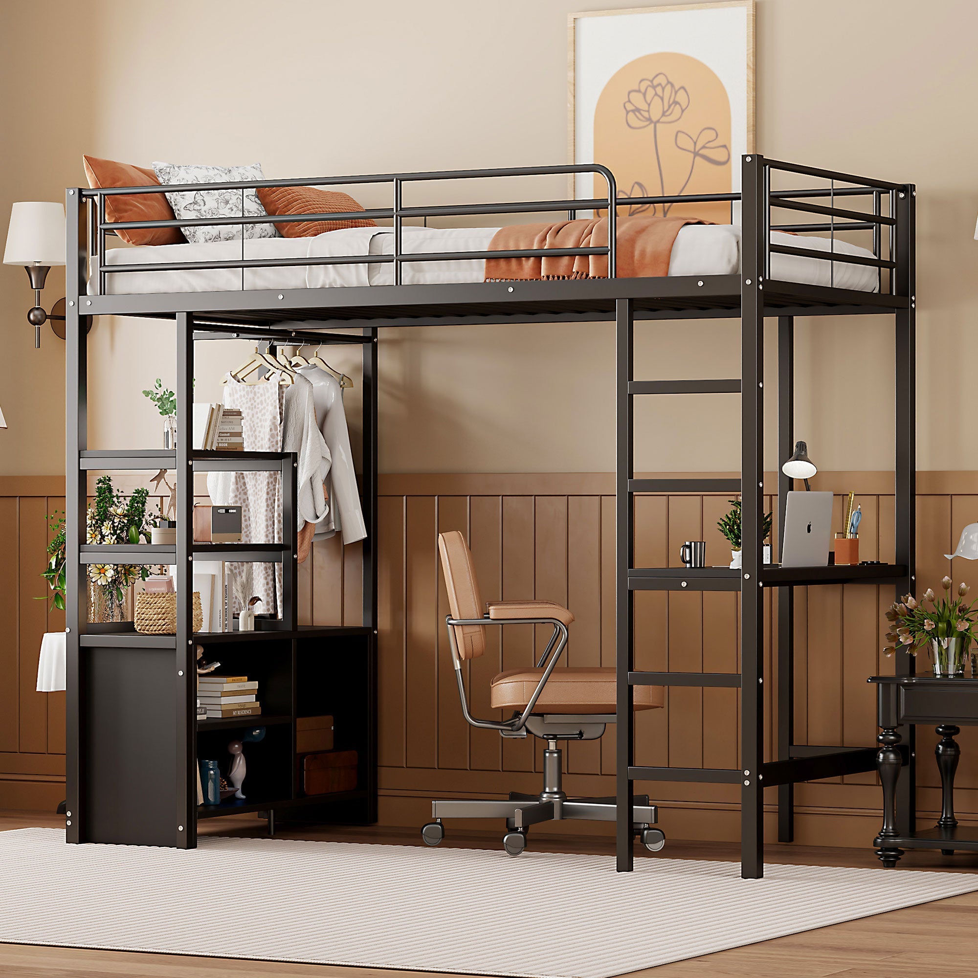 Loft Bed 90x200cm with Desk USB Charging Shelves Storage Ladder Black Iron