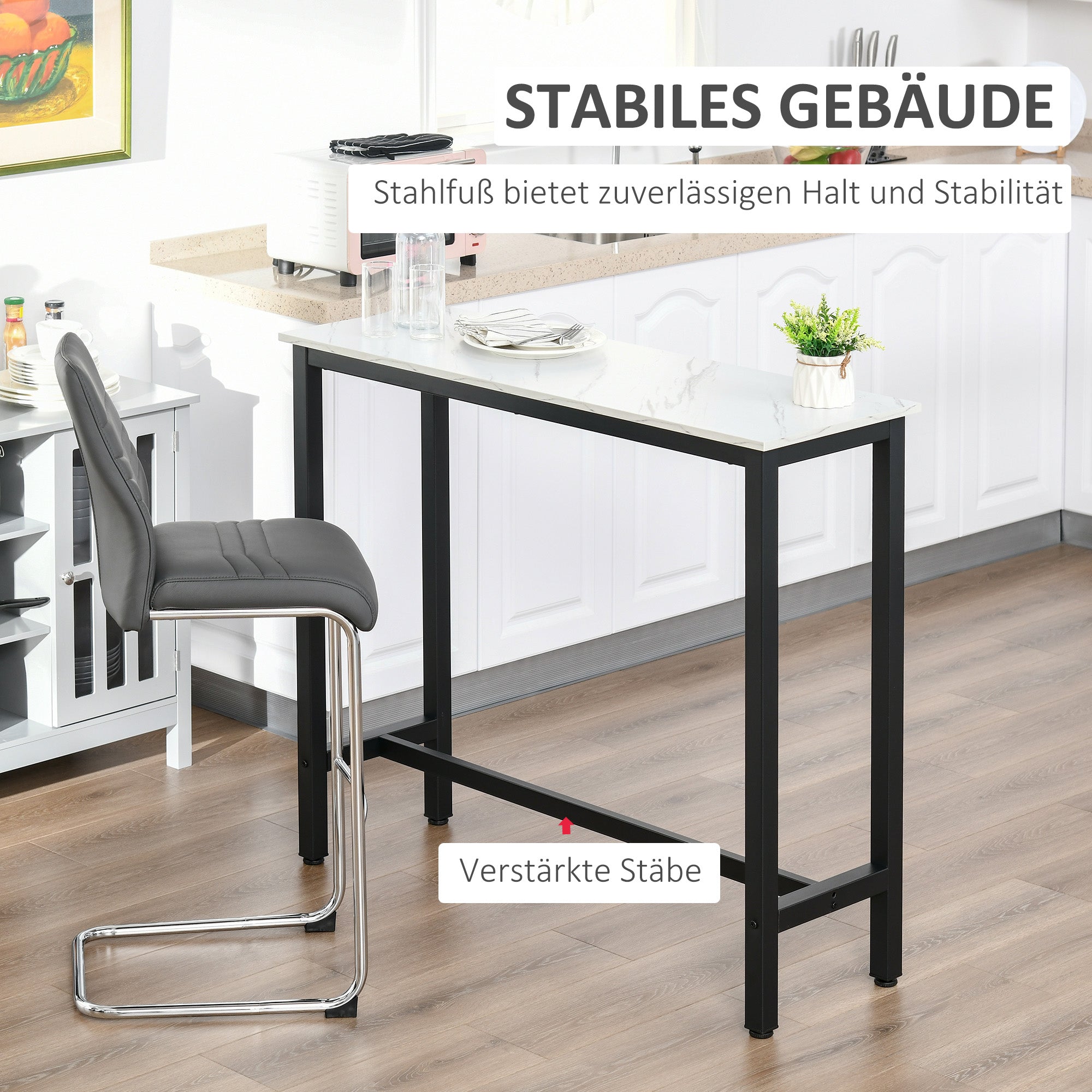 Bar Table, Adjustable Feet, Marble Look, White+Black