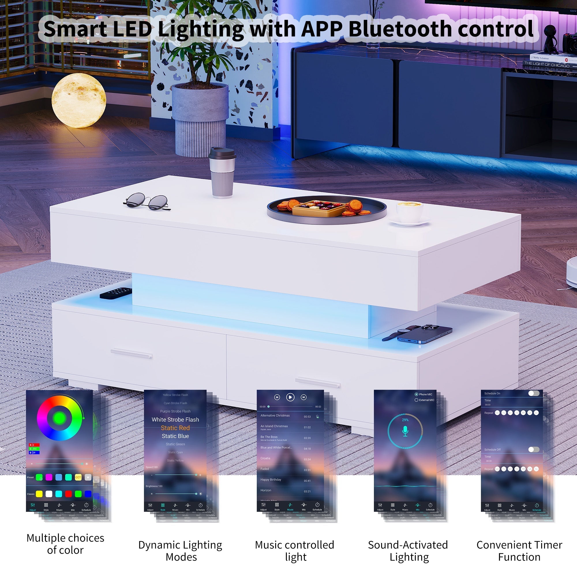 Hydraulic Lift Top Coffee Table with LED Lights, Storage, 2 Drawers, White