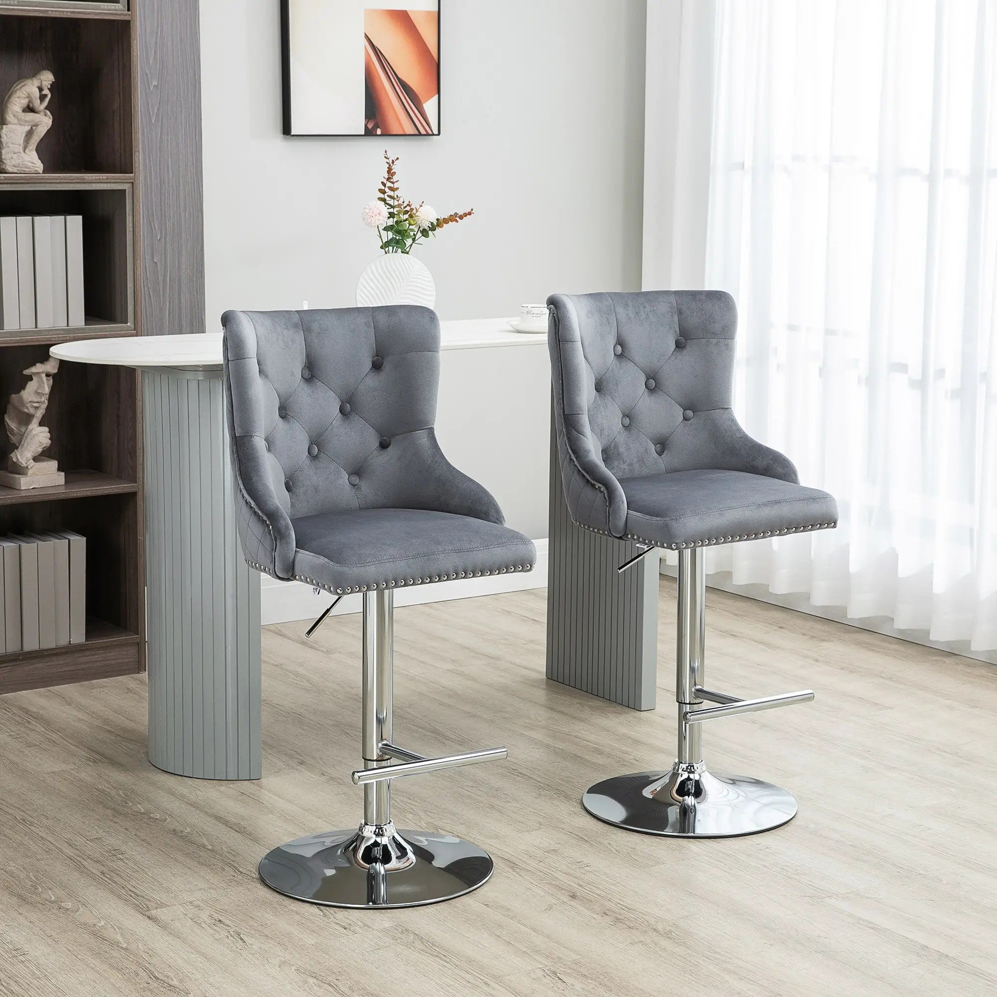 Bar Stools, Set of 2 Swivel Height-Adjustable with Footrest, Light Grey Velvet Look