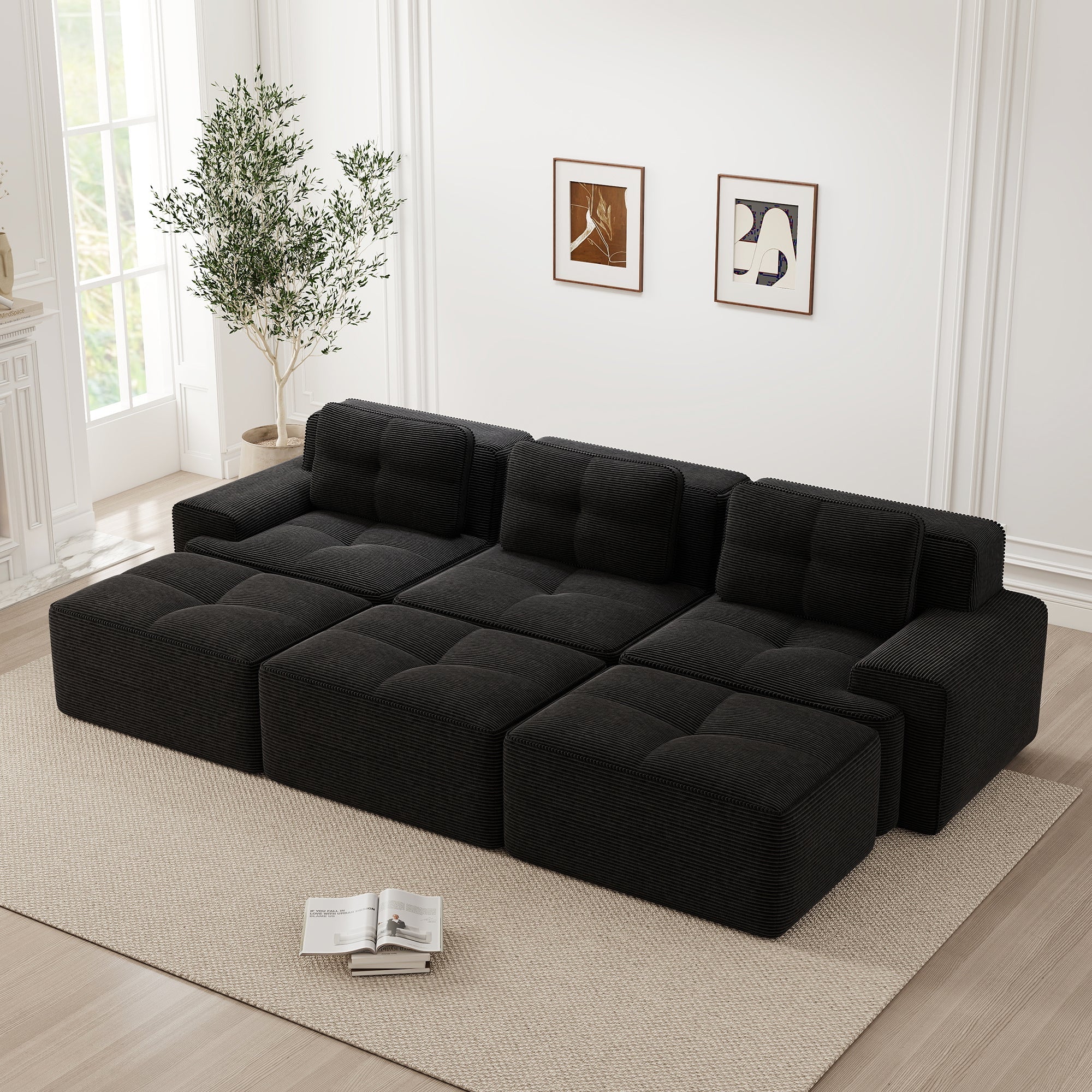 Frameless Modular Corner Sofa Sleeper 3 Ottomans - Corduroy Black