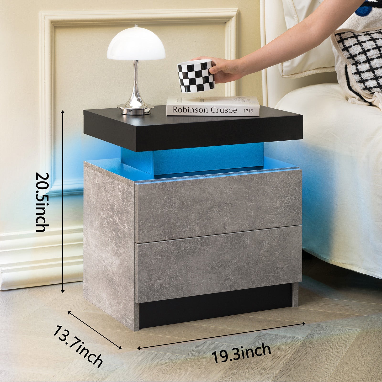 Nightstand LED Bedside Table with 2 Drawers, Modern End Side Cabinet, Grey+Black
