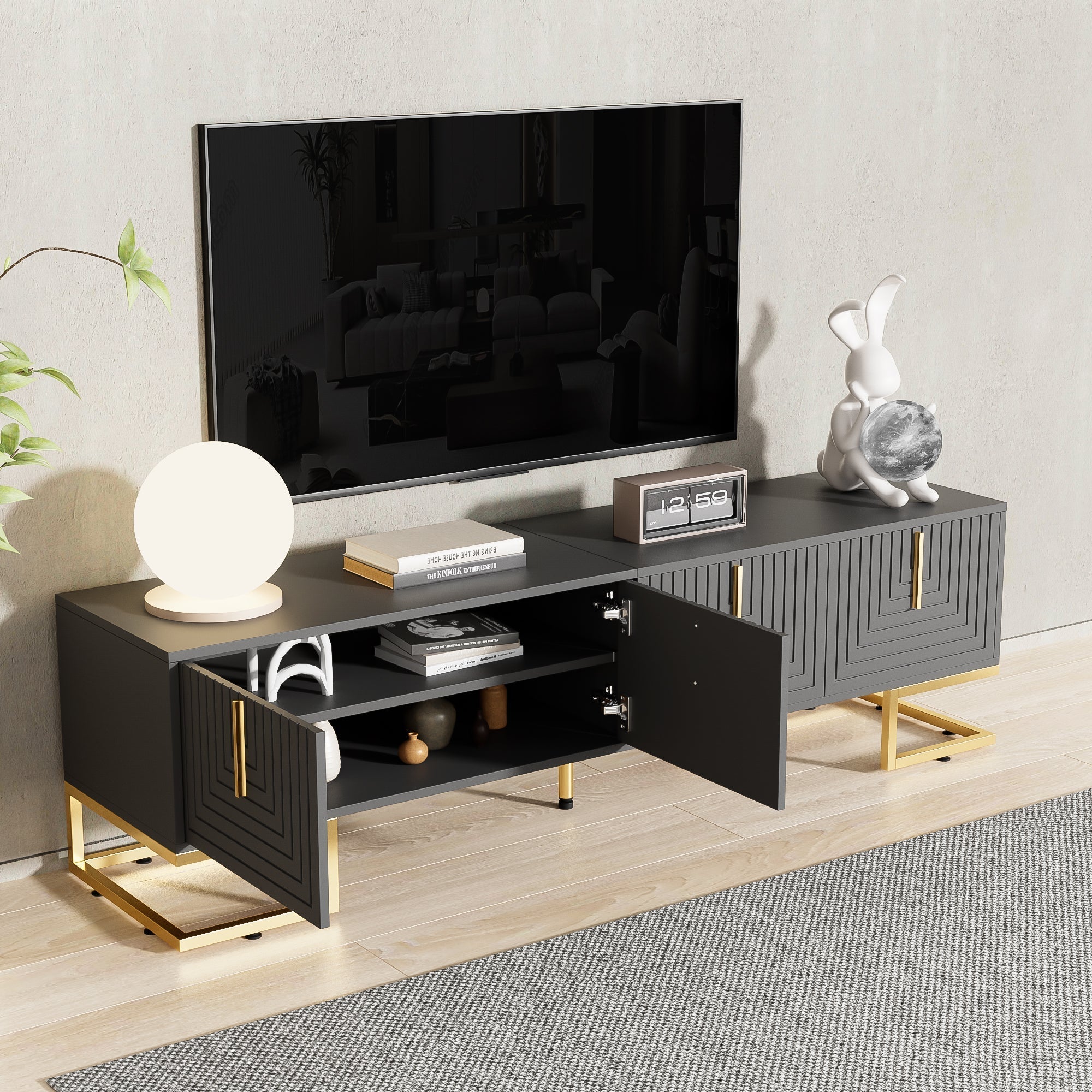 TV Lowboard Textured Door Gold Handles Gold Feet