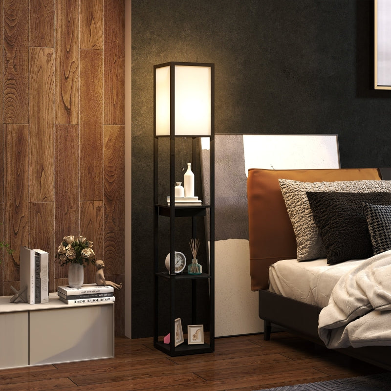 Floor Lamp, 3 Compartments, E27 Socket, Fabric Lampshade, USB-A, USB-C Ports, White+Black