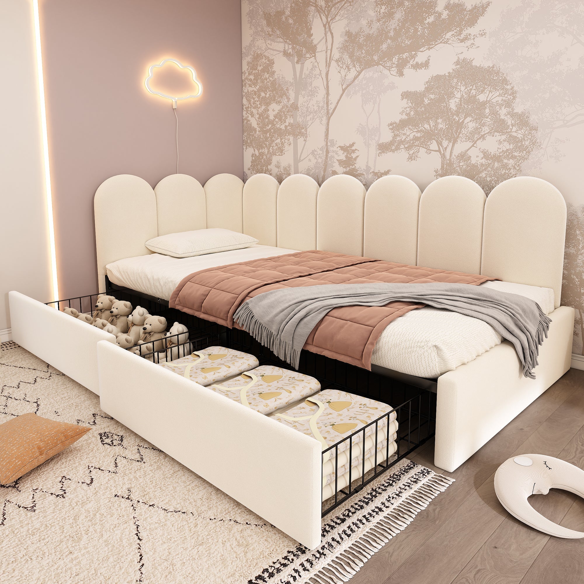 Upholstered single bed with drawers, storage bed in velvet, daybed / sofa bed, 90 × 190 cm, with slatted base, suitable for teenagers and adults, children’s bed, beige (mattress not included)