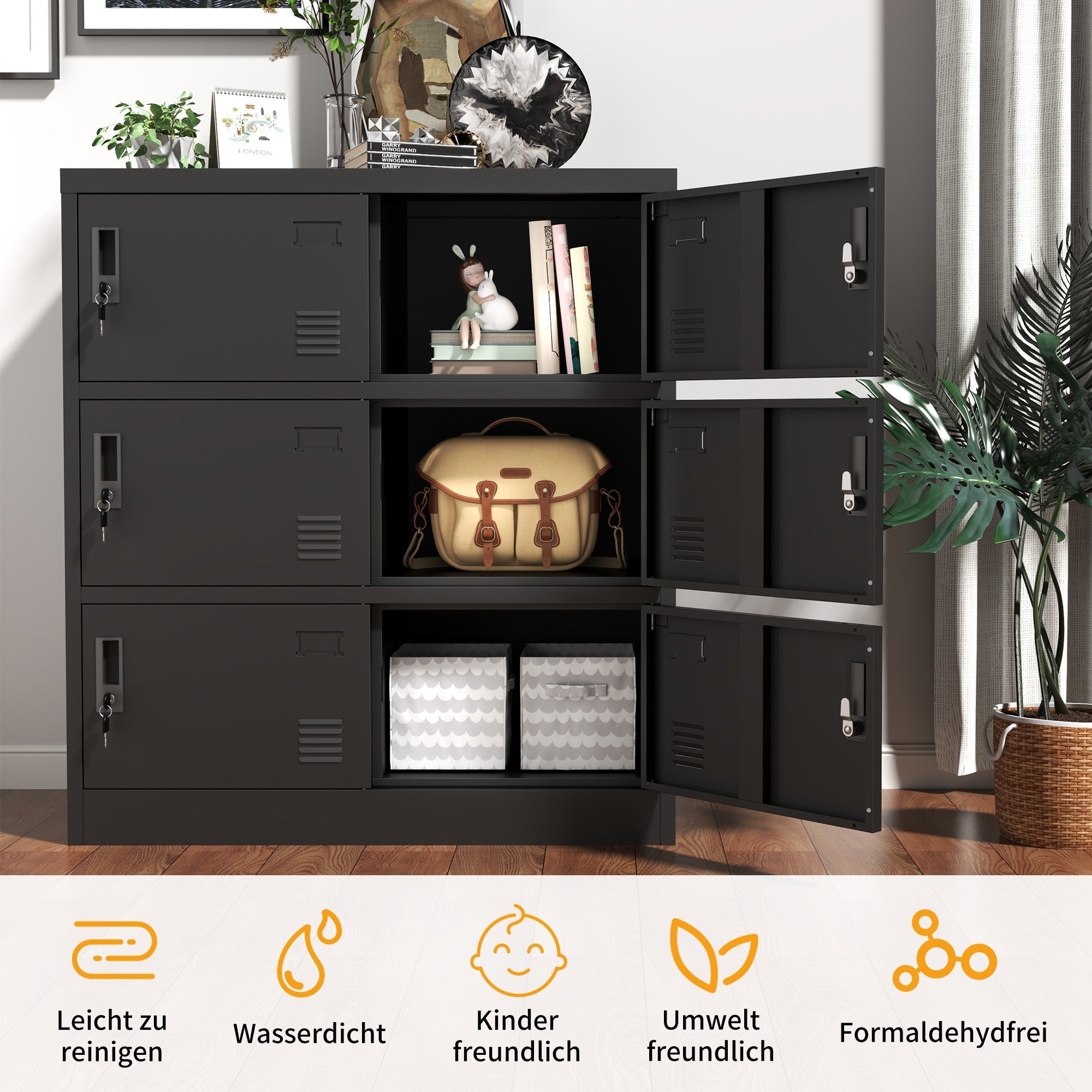 6-Door Metal Cabinet Secure Storage Card Slot 100x90x40 cm - Black