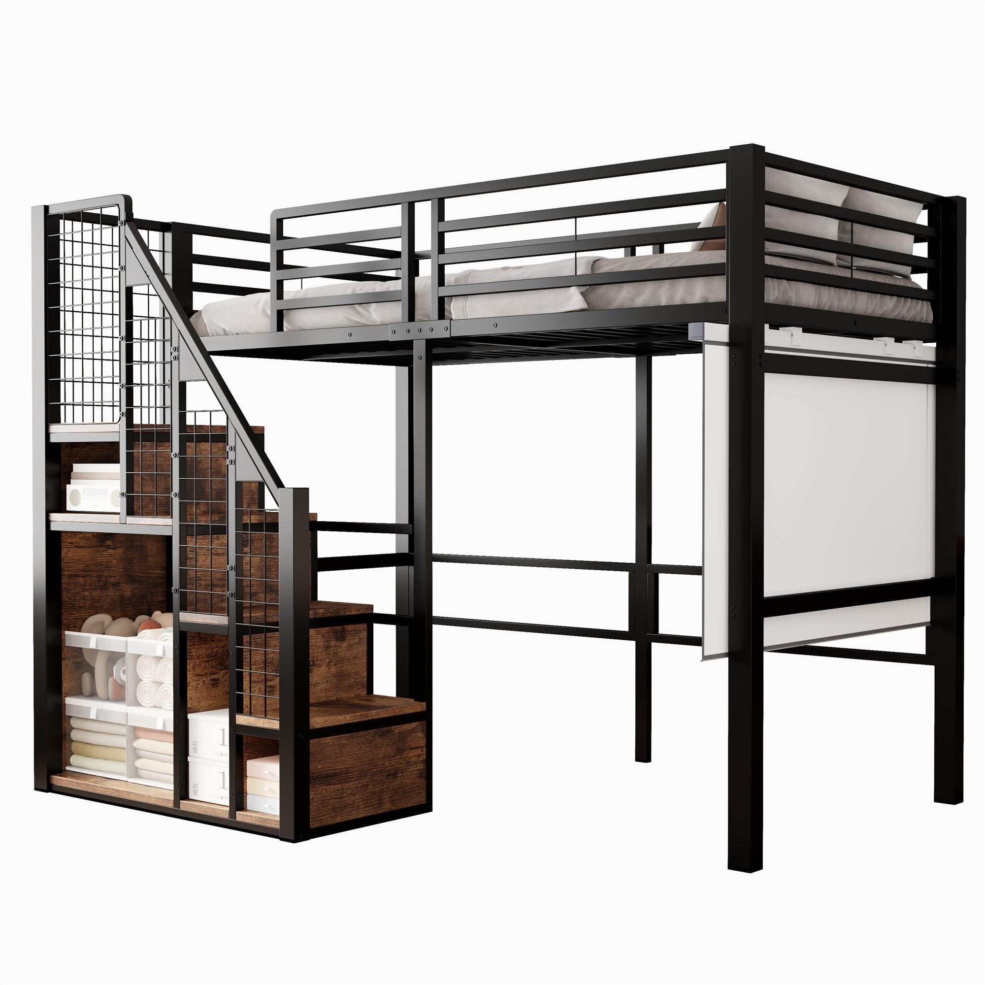 Bunk Bed 90x200cm Iron Frame with Storage Area Safety Ladder Black