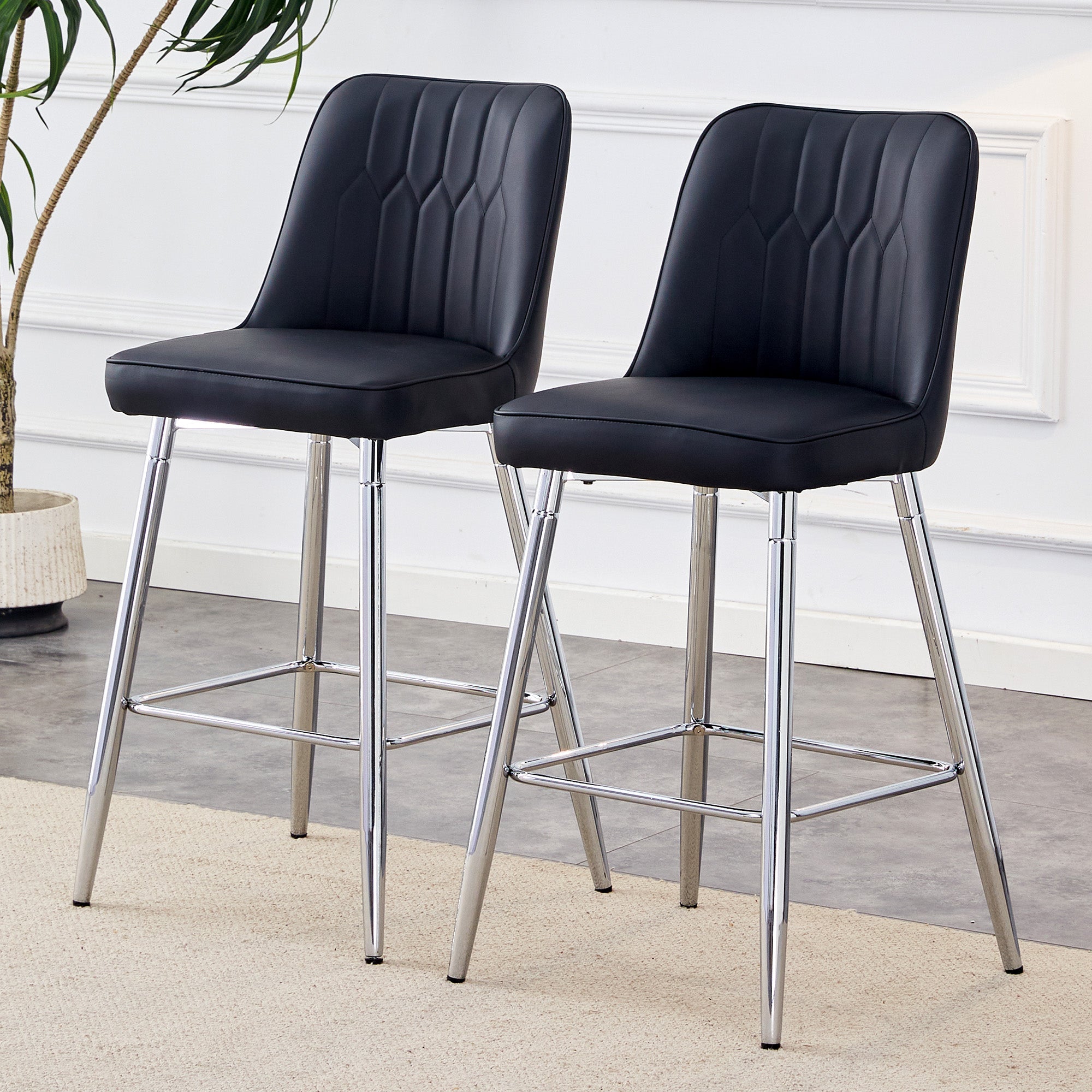Set of 2 Bar Stools 100cm High Footrest Silver Metal Frame - Black PU Leather