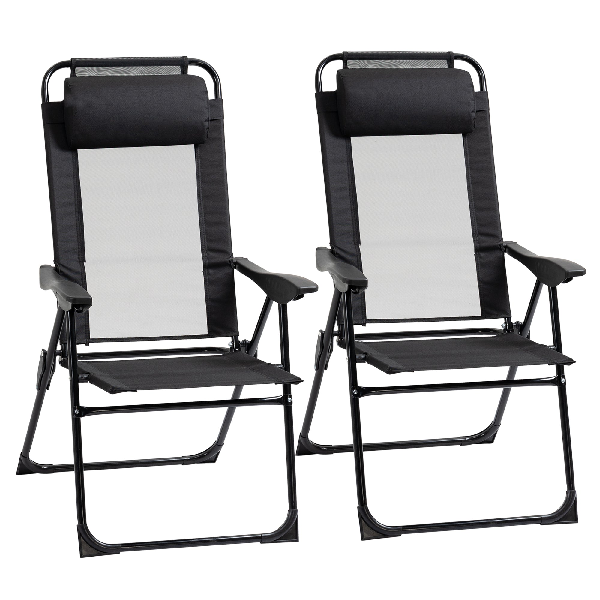 Set of 2 Folding Recliner Chaise Lounge Chairs, Adjustable Backrest, Black Mesh
