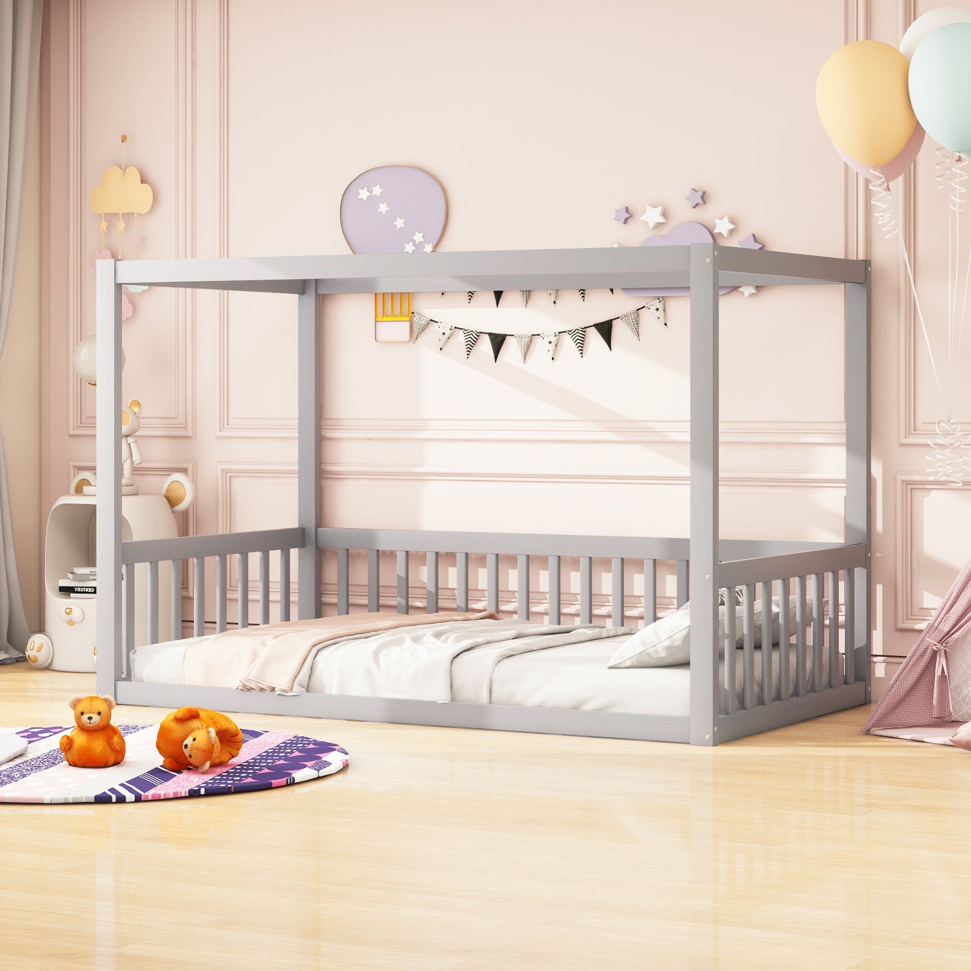 Children's Canopy Bed - 90 x 200 cm, Solid Wood Frame, Grey