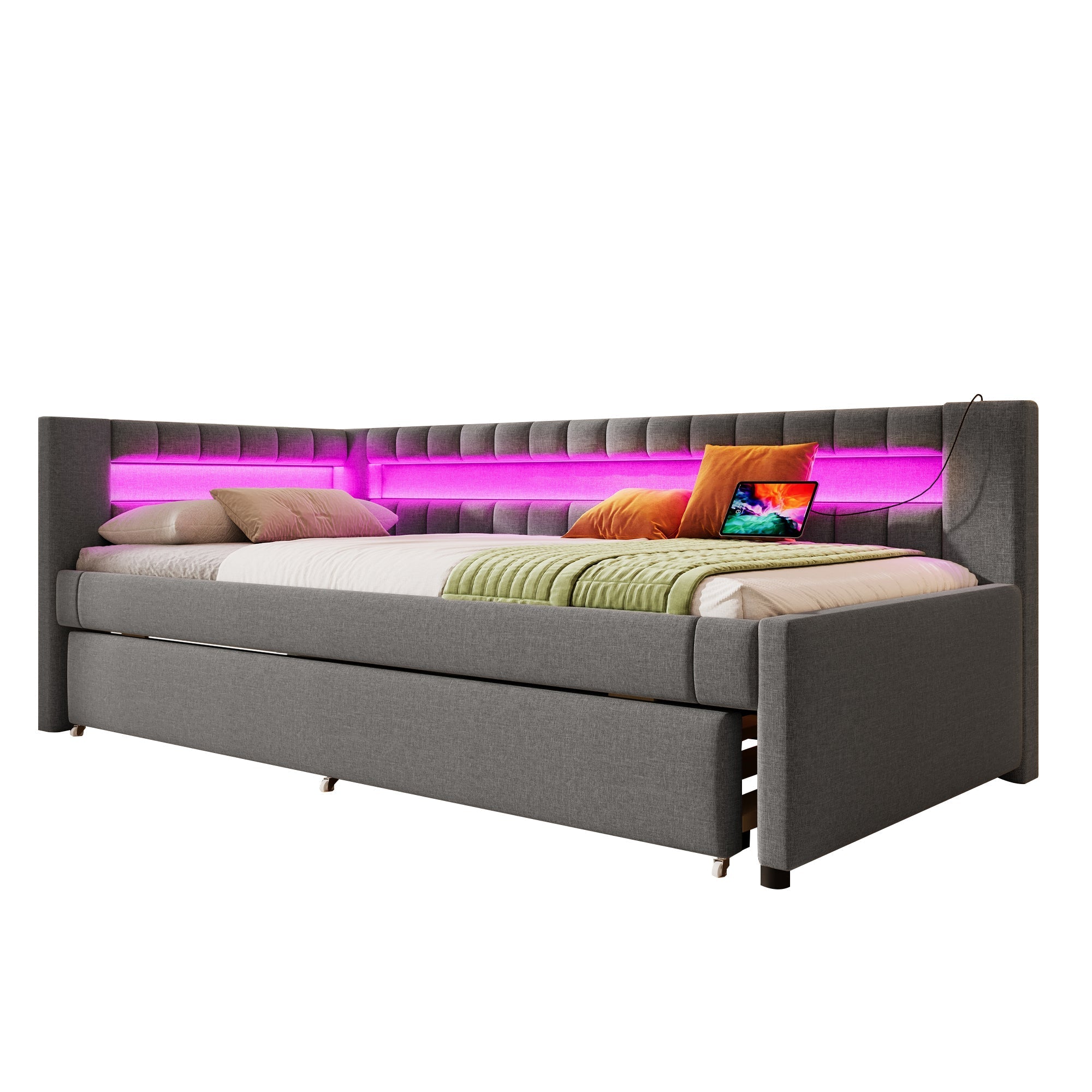 Daybed Sofa Bed 90x200cm Pull-out Bed LED Light USB/Type-C - Linen Grey