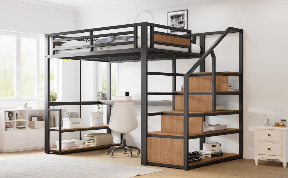 Metal Loft Bed with Desk, Shelves & Storage for Kids