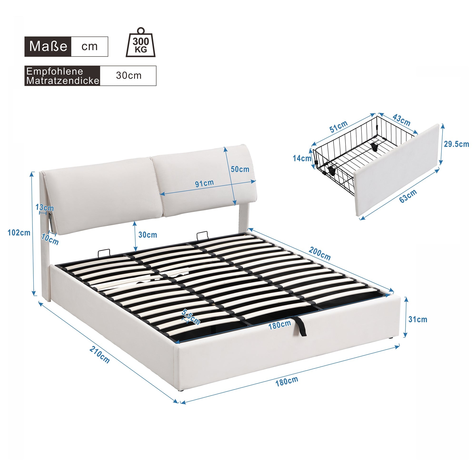 Upholstered Bed with Hydraulic Storage and 3 Drawers, 180x200cm, Beige Velvet