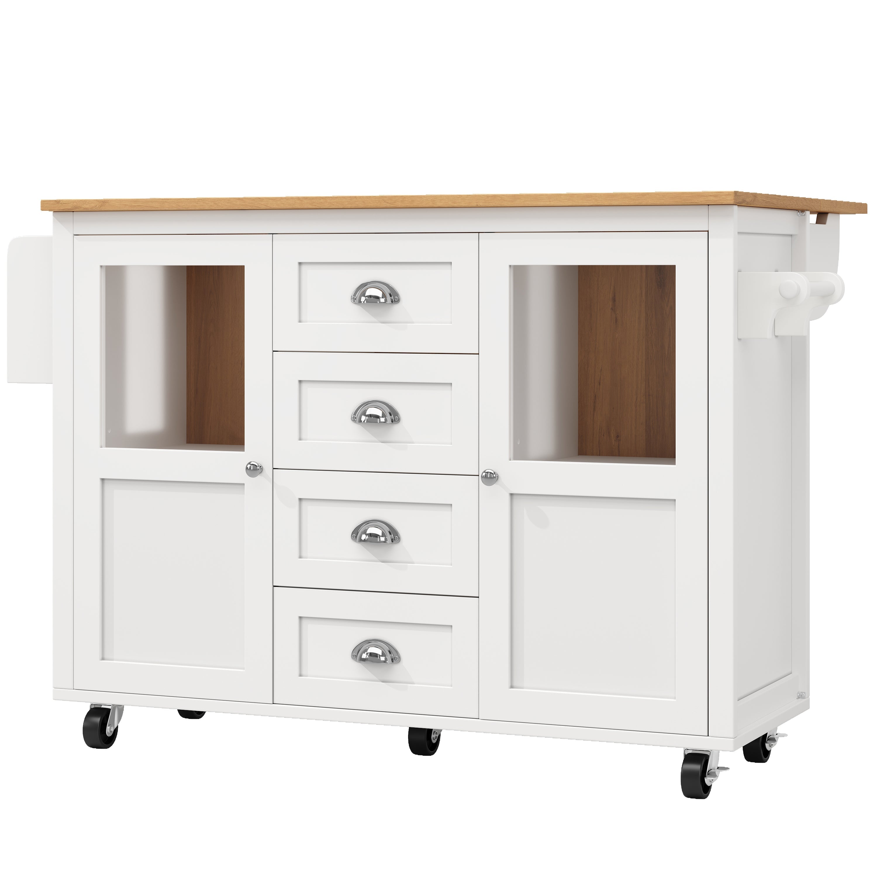 Kitchen Island with Extendable Trolley and Storage Drawers, White/Black