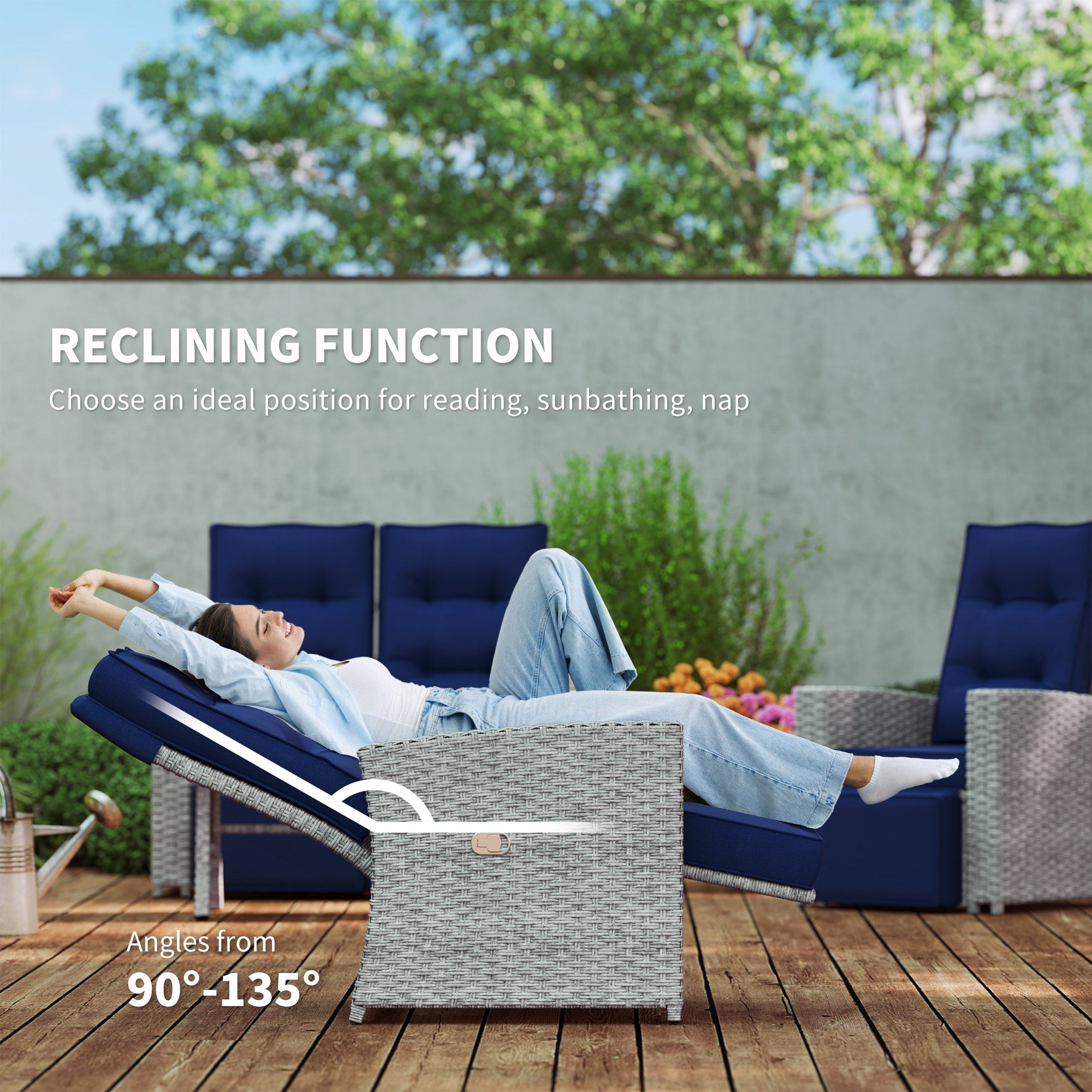 4 Piece Rattan Garden Furniture Set with Glass Top Table, Navy Blue