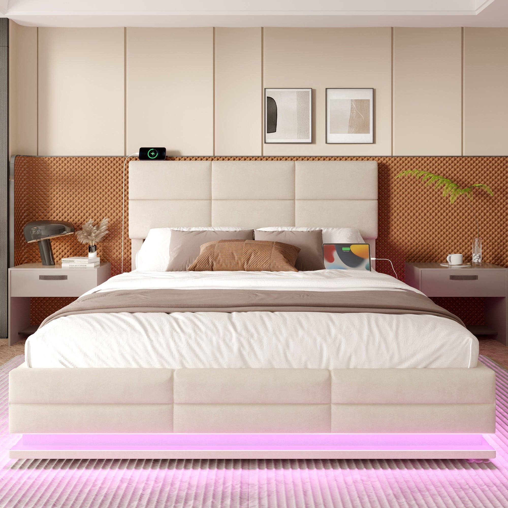 Upholstered Bed 180x200cm, Adjustable Headboard USB/LED Hydraulic Lift Storage, Velour Beige
