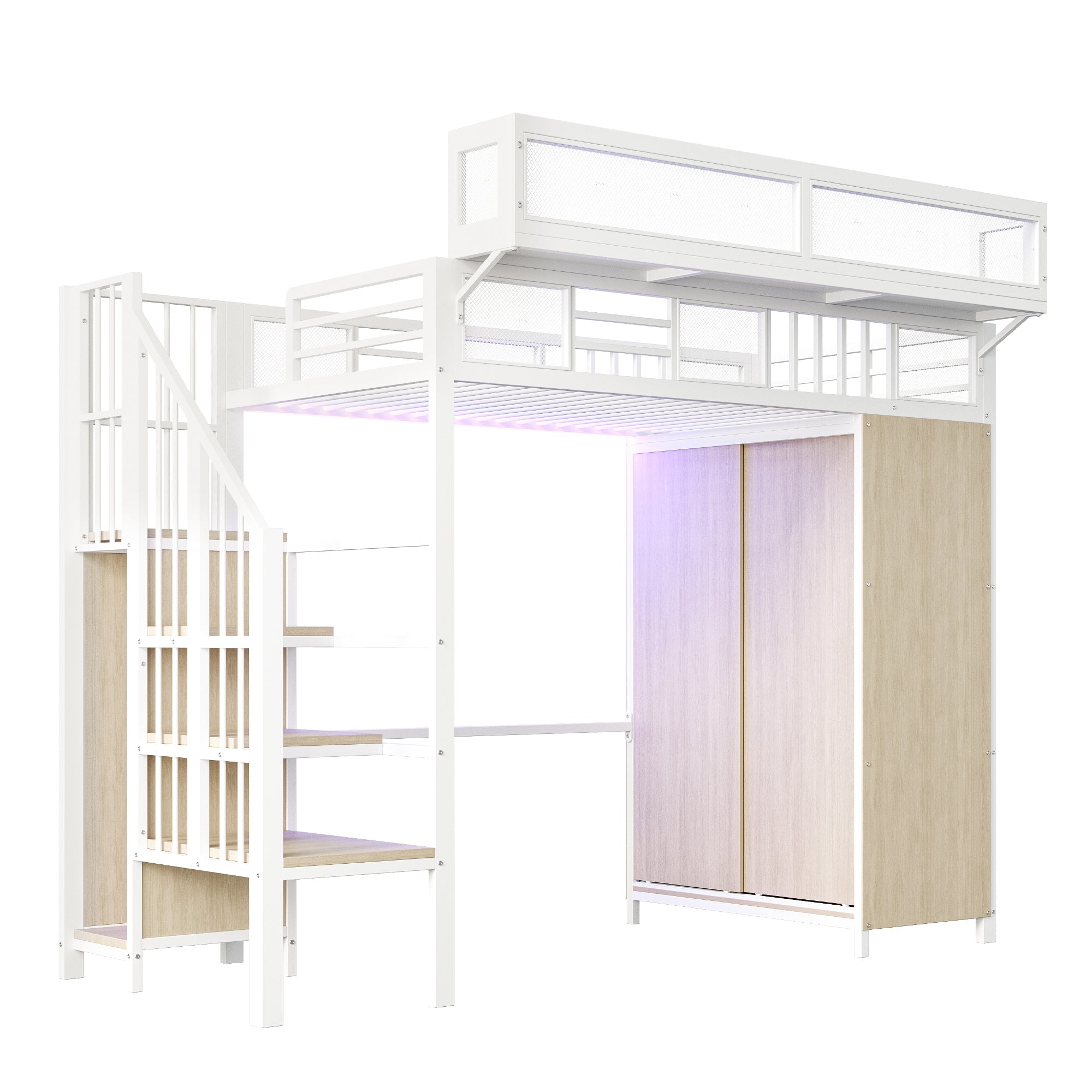 Metal Loft Bed with Wardrobe, Safety Ladder and LED Lighting, White