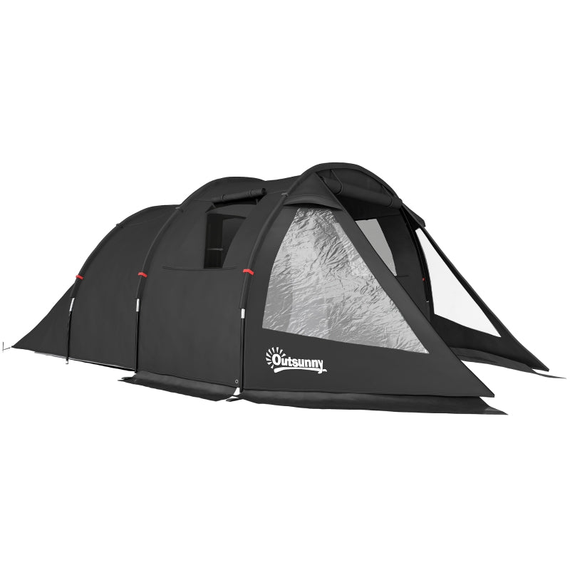 3-4 Man Tunnel Tent, Two Room Camping Tent with Carry Bag - Black