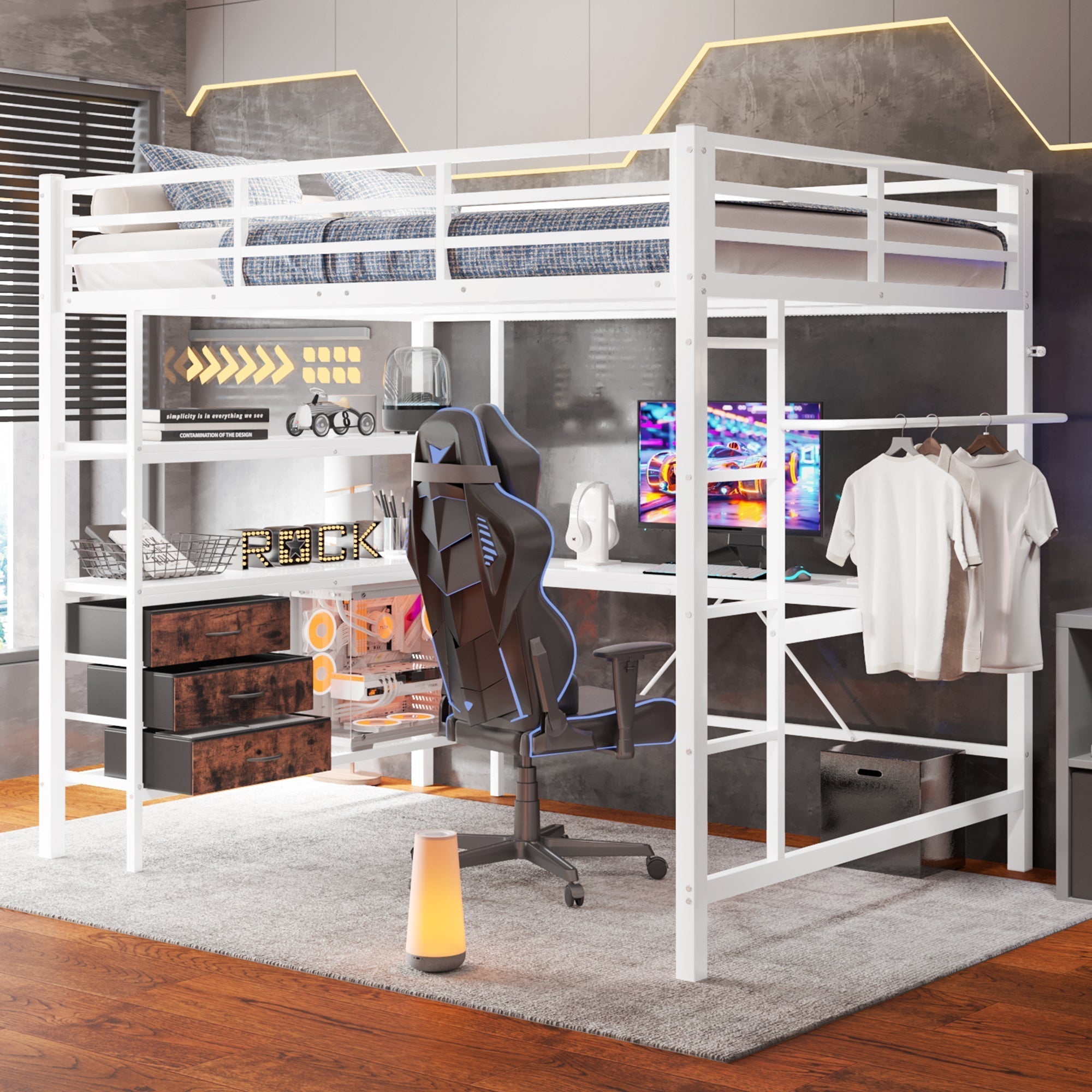 Loft Bed 140x200cm LED Desk USB/Power 3 Drawers Stairs - White