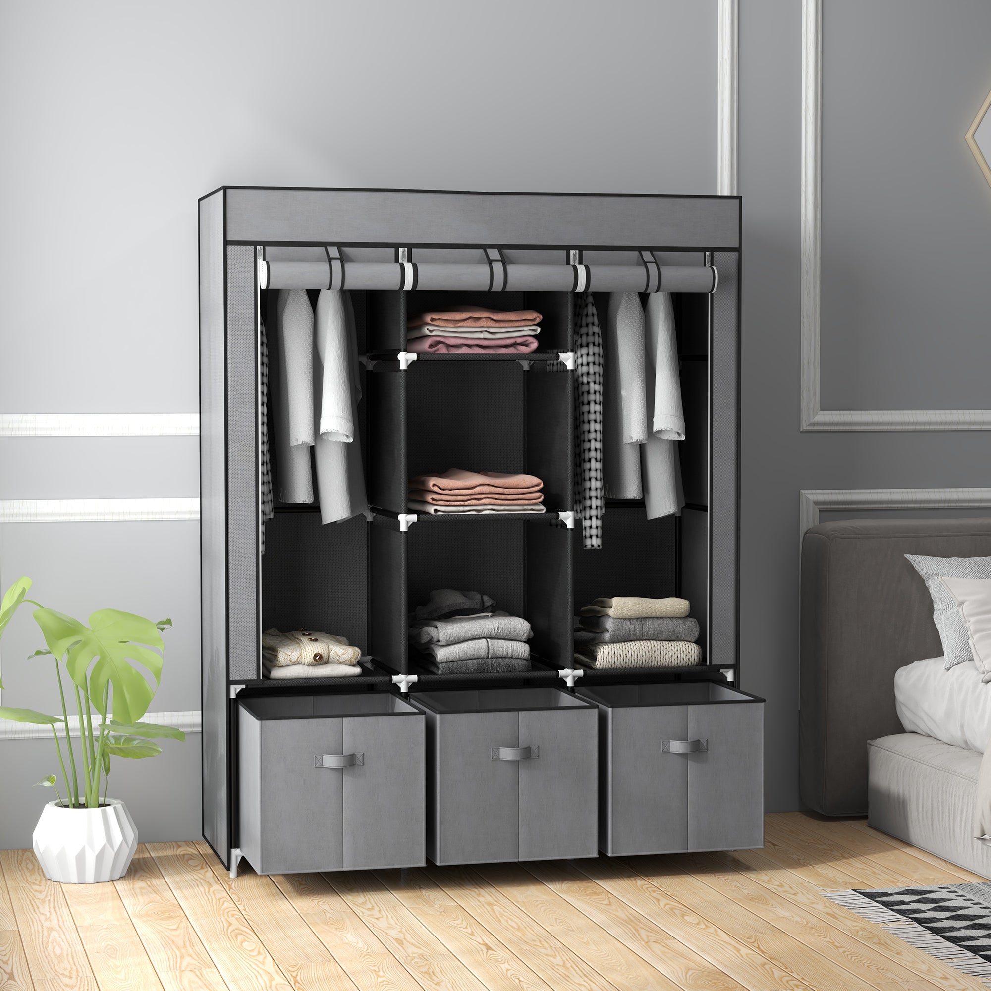 Foldable Wardrobe with Zipper Storage, Non-Woven Fabric, Dark Grey