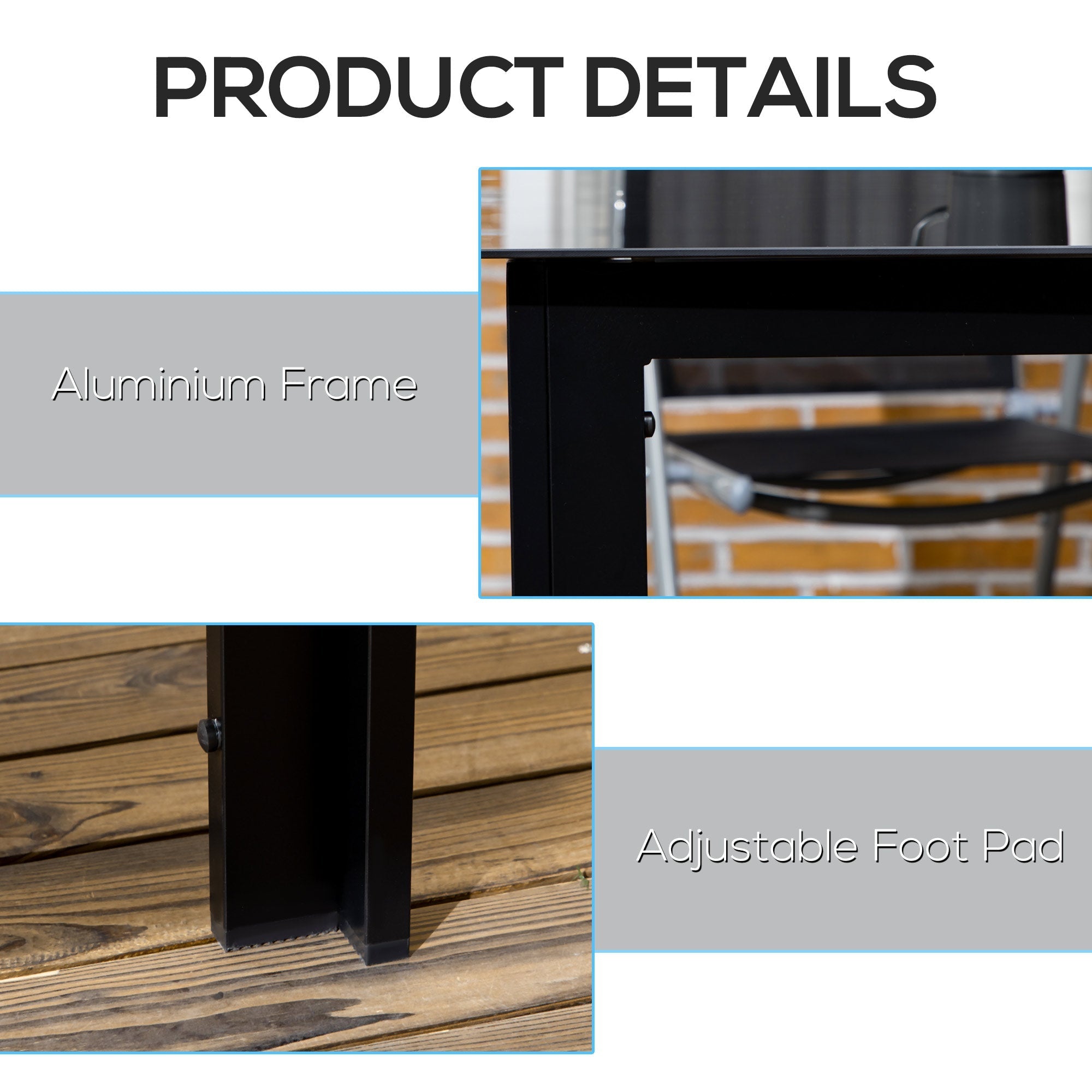 Outdoor Dining Table for 6, Aluminium Rectangular with Tempered Glass Top, Black