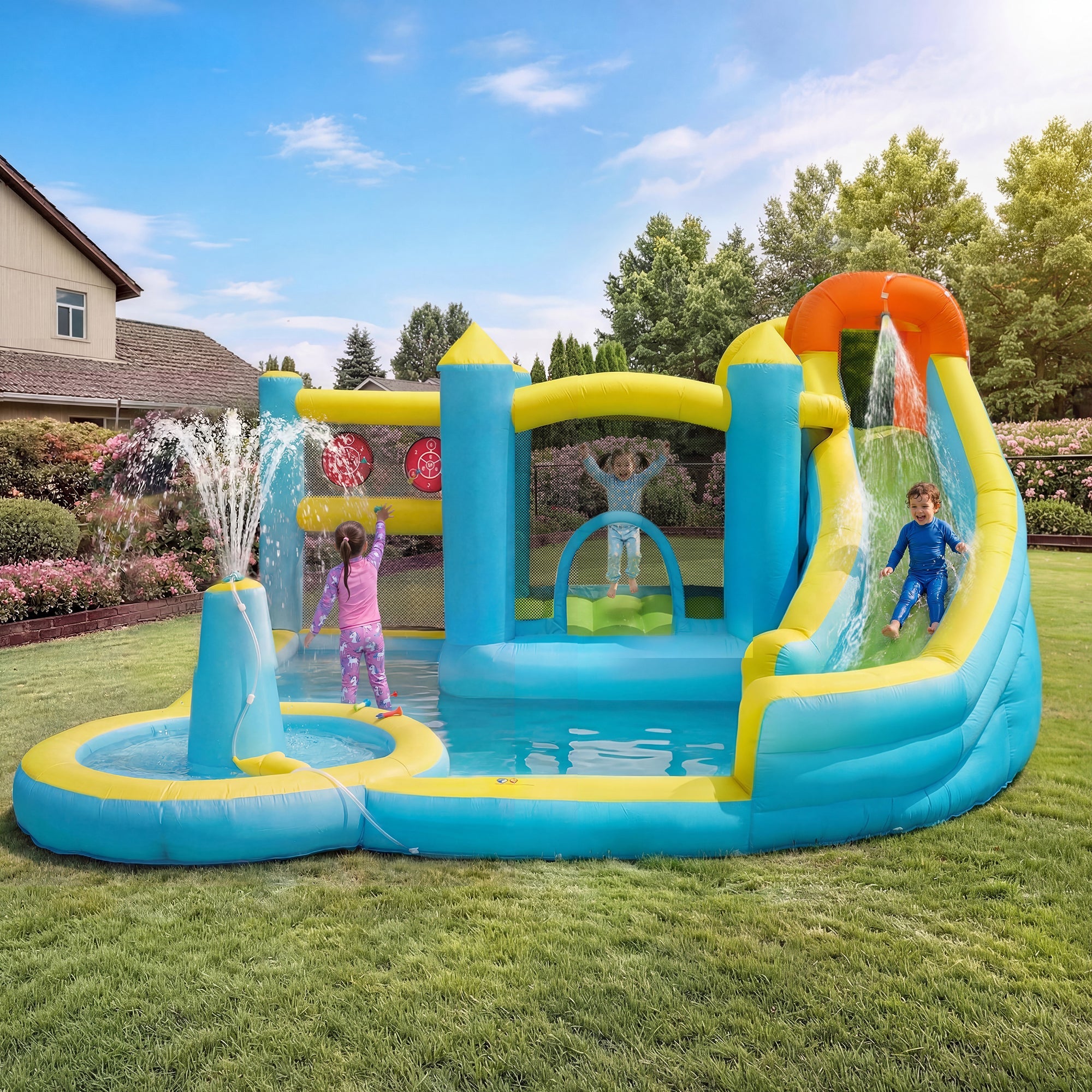 Children's Bouncy Castle Water Park with Slide, Pool and Blower, 430x390x210cm, Inflatable Multi-color