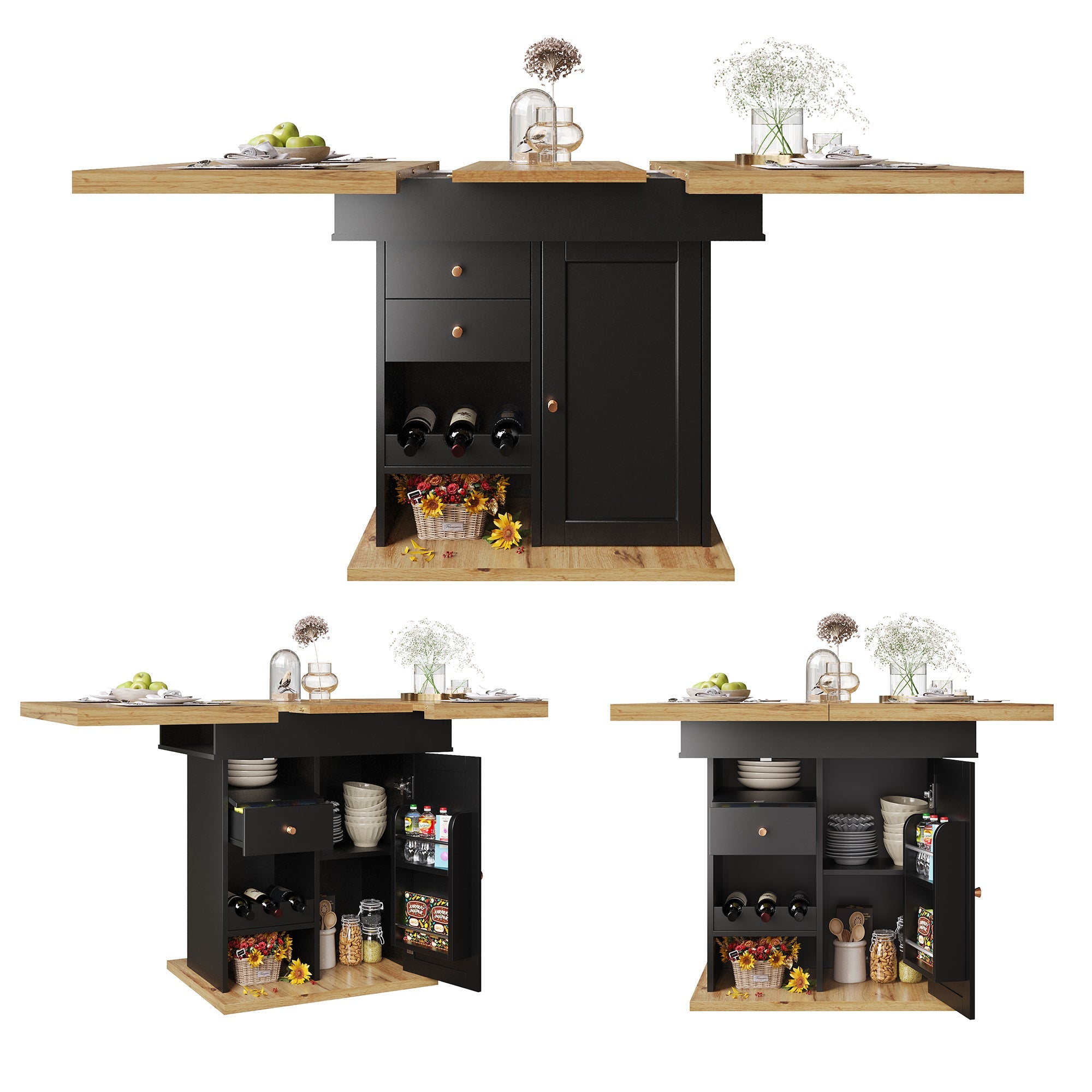 Telescopic Dining Table with Wine Rack and Snack Shelf, Extendable and Foldable, Wood Finish