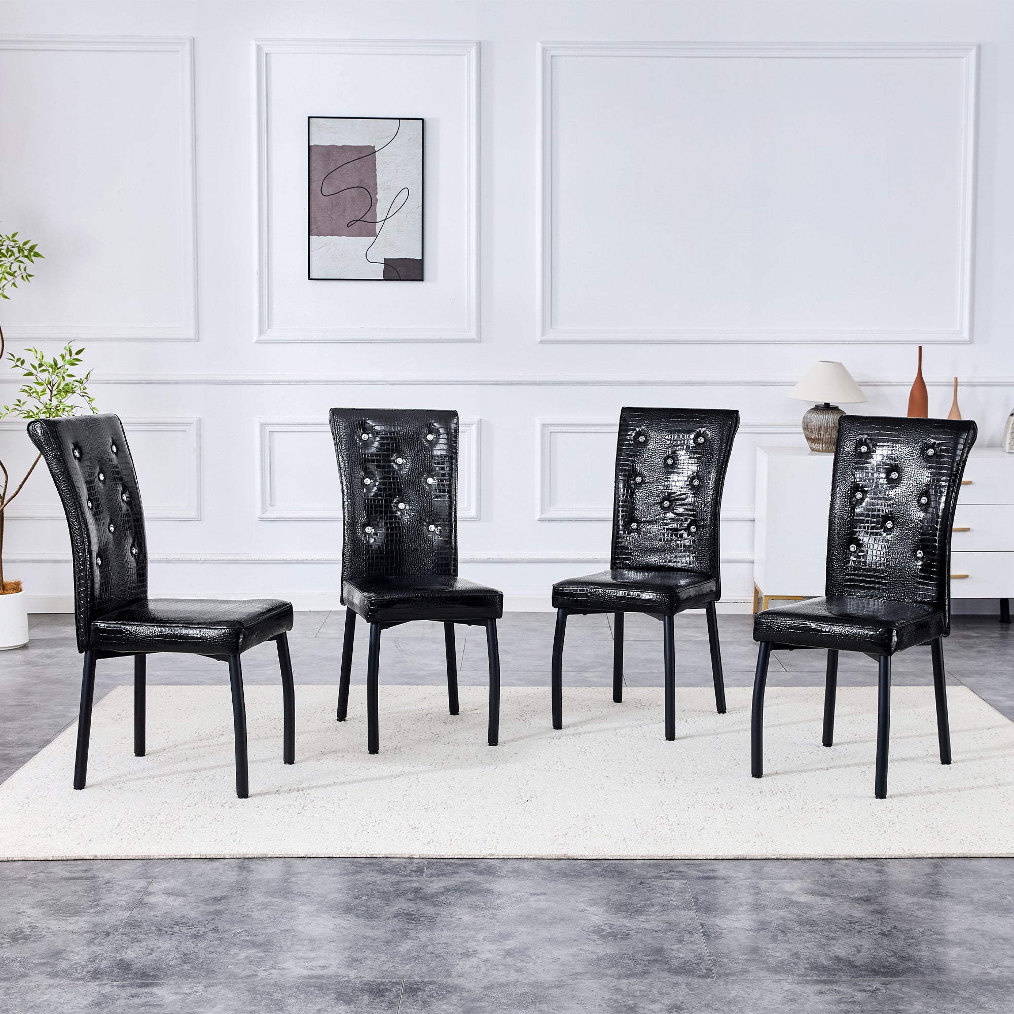 2 Dining Chairs Vintage Crocodile Faux Leather Crystal Clasp - Black