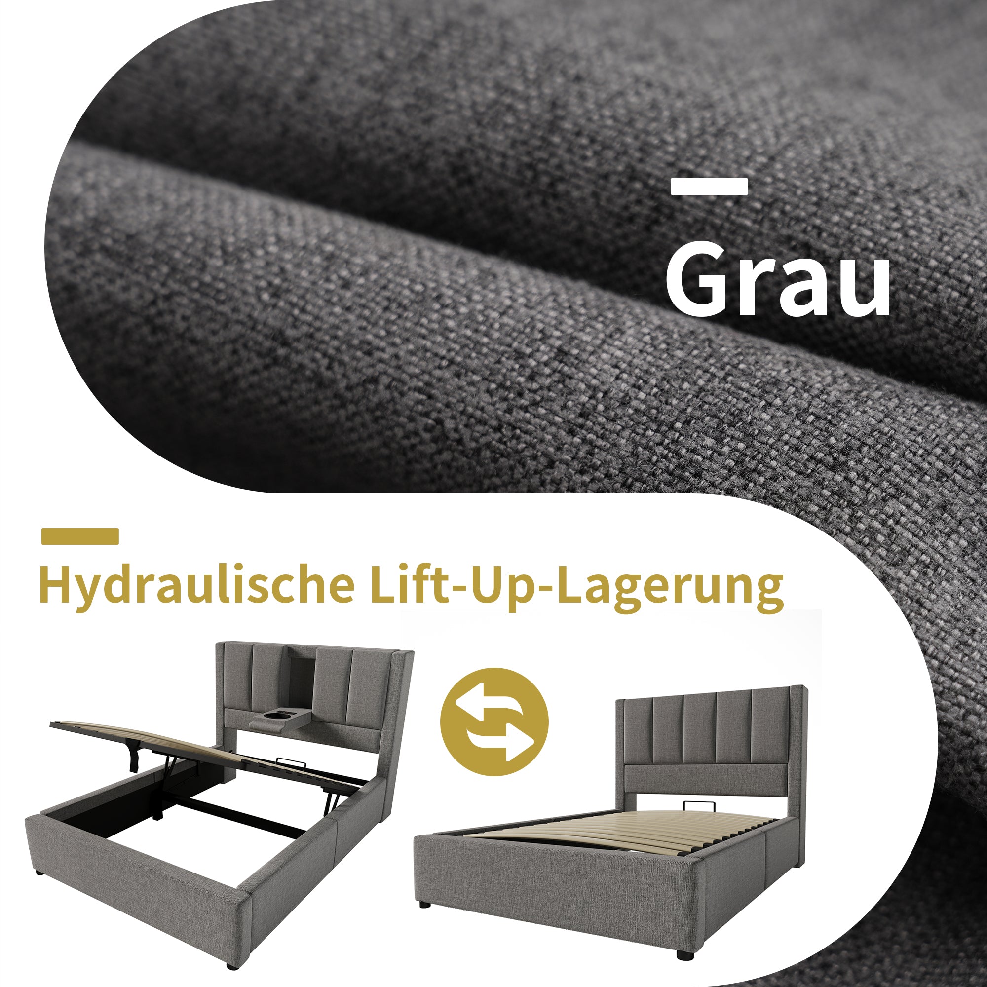 Upholstered Single Bed 90x200cm Hydraulic Storage Cup Holder Charging Station - Linen Grey (With Mattress)