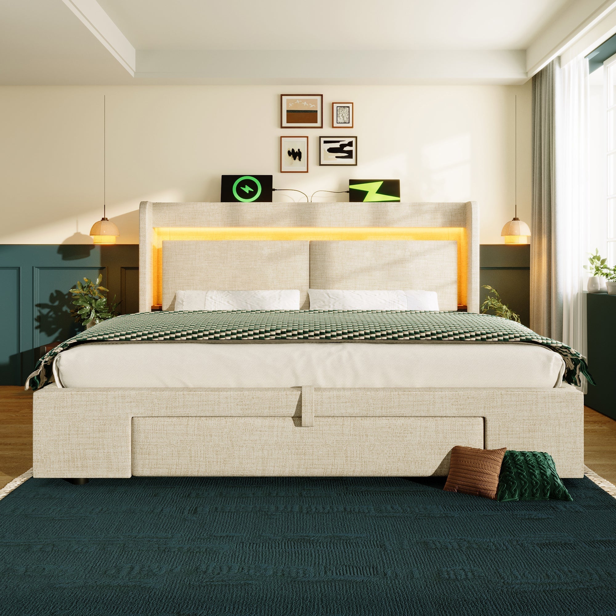 Upholstered Bed 140x200 cm Hydraulic Storage Headboard LED USB/USB-C - Beige Linen