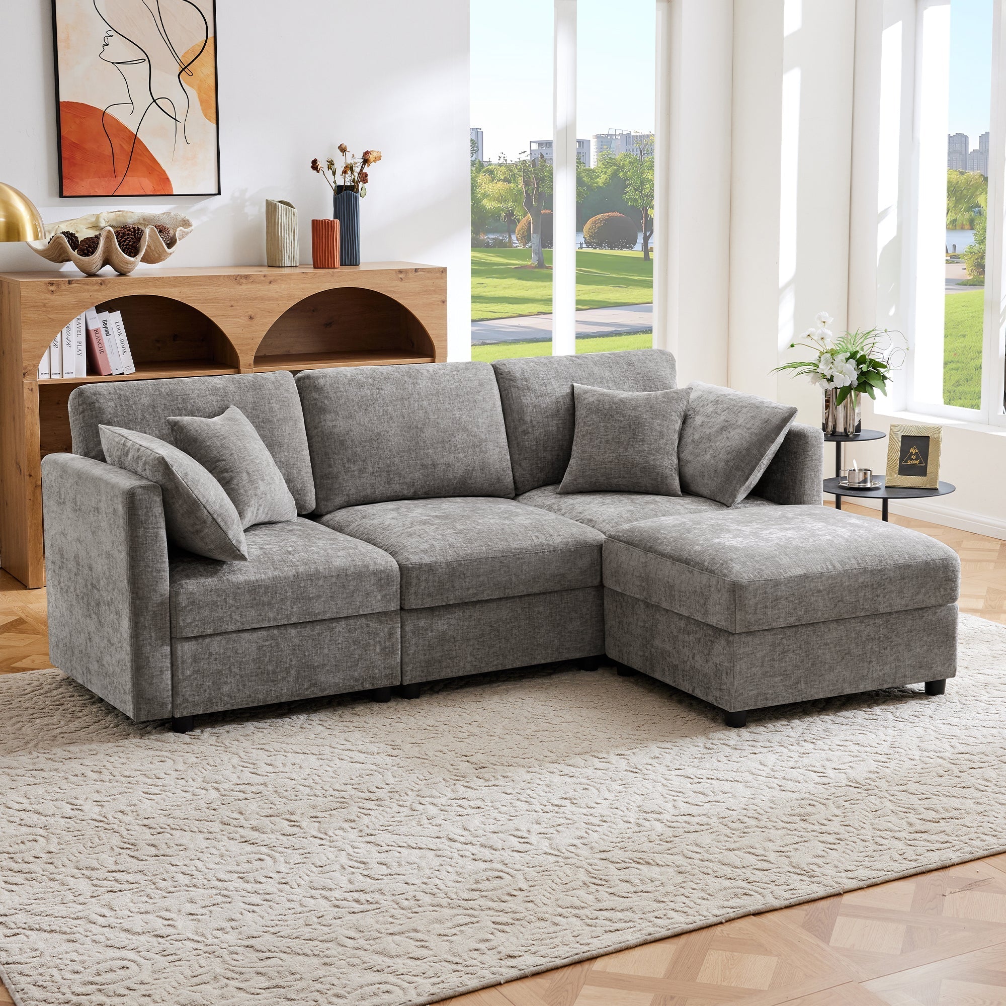 L-shaped Corner Sofa Bed 3-Seater Footstool Adjustable Armrests Chenille Gray