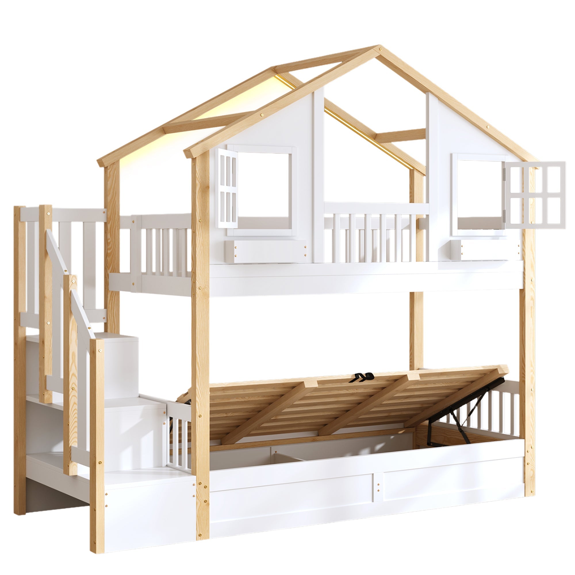 Bunk Bed with Hydraulic Lower Bed, LED Lighting and Storage Stairs, 90x200cm, White and Natural Solid Wood