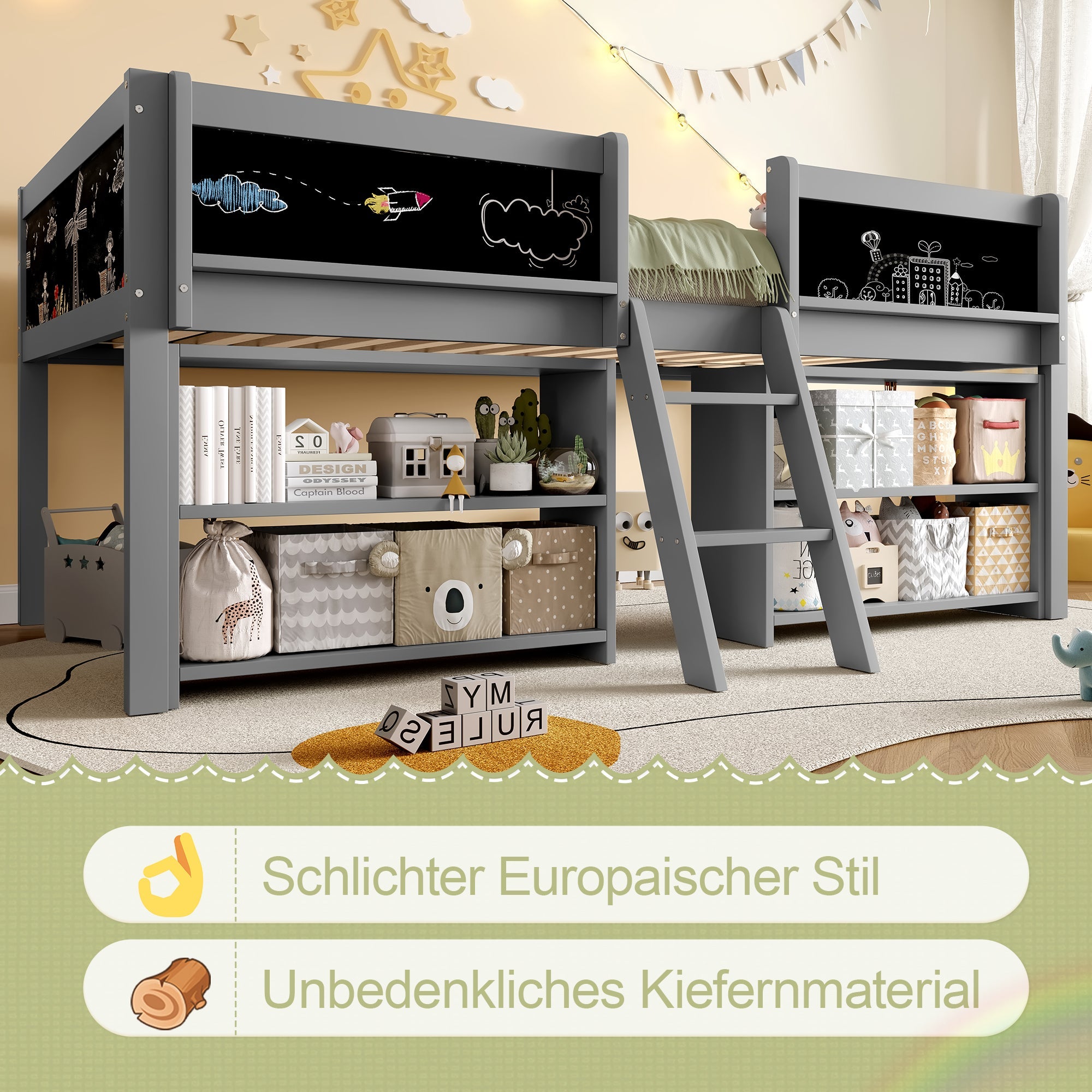 Mid-height Bed 90x200cm Storage Shelves Railing Ladder Pine Wood, Grey