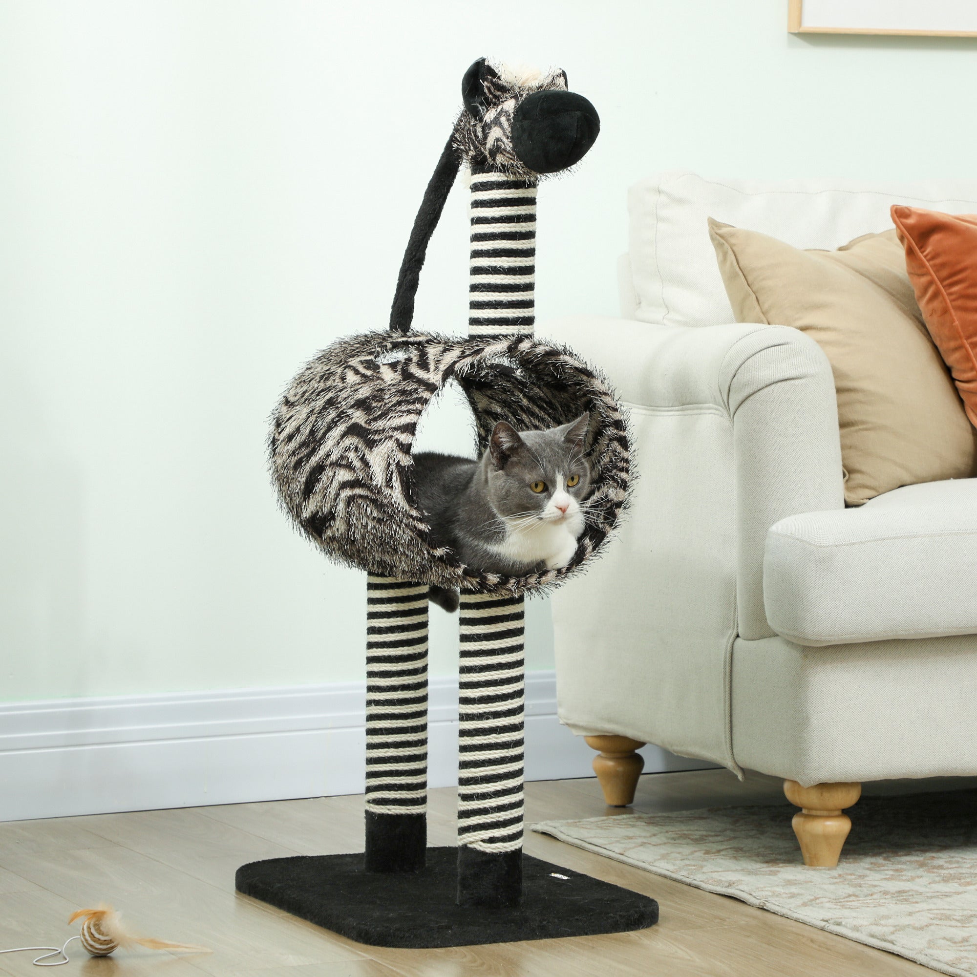 Cat Tree, 93 cm with Tunnel & Scratch Posts, Zebra Design, Black and White