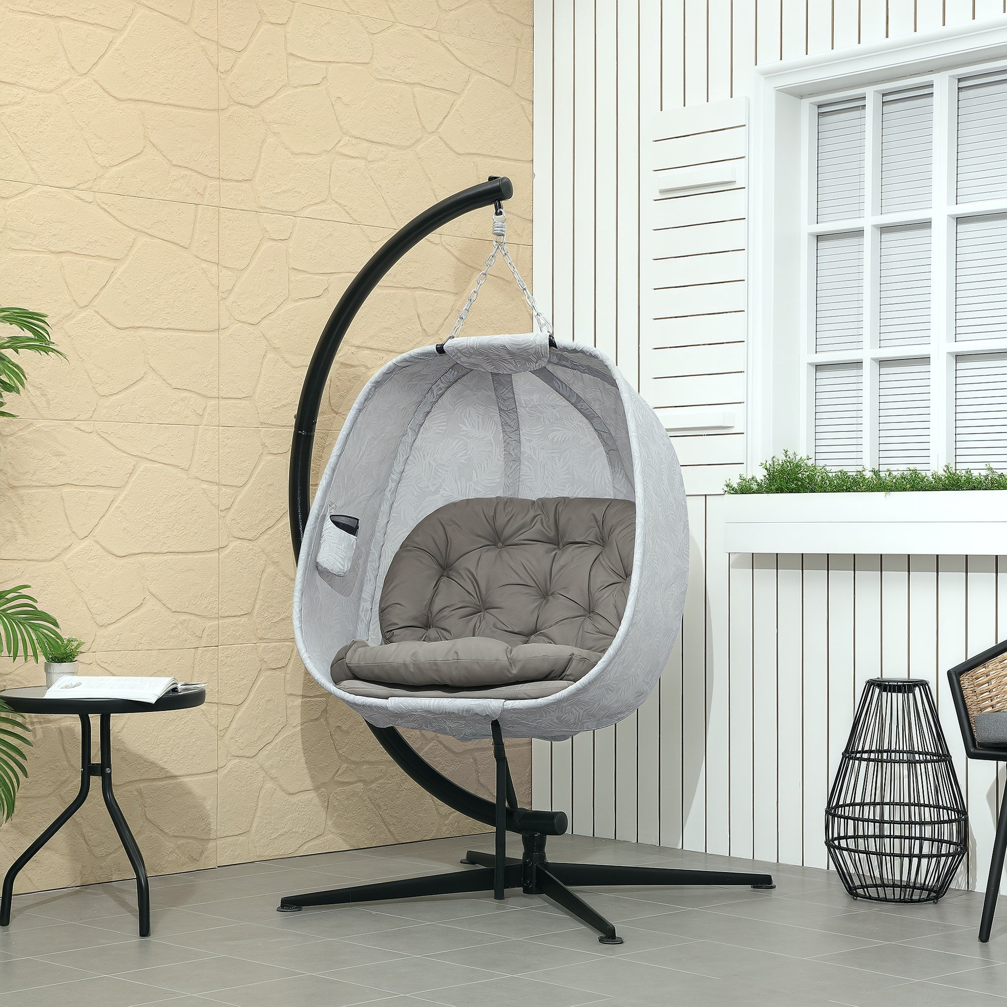 Hanging Egg Chair with Folding Basket, Stand, Thick Cushion, and Cup Holder, Sand Brown