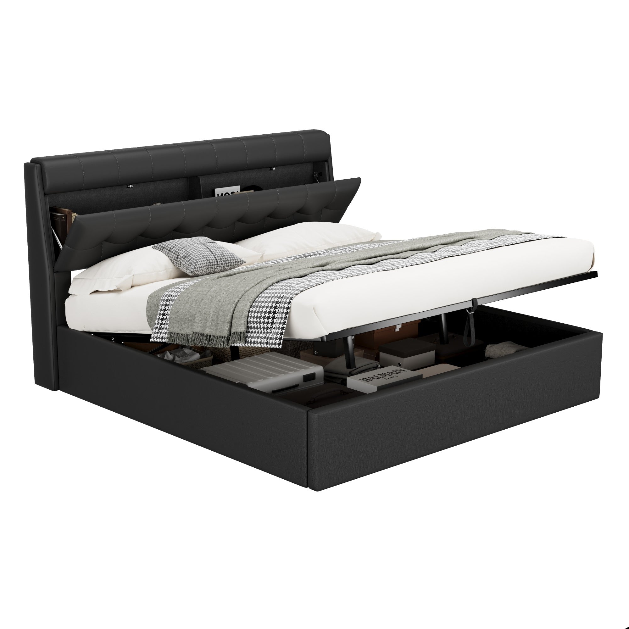 Upholstered Bed with Hydraulic Storage and Concealed Headboard Shelf, 180x200cm, Black PU