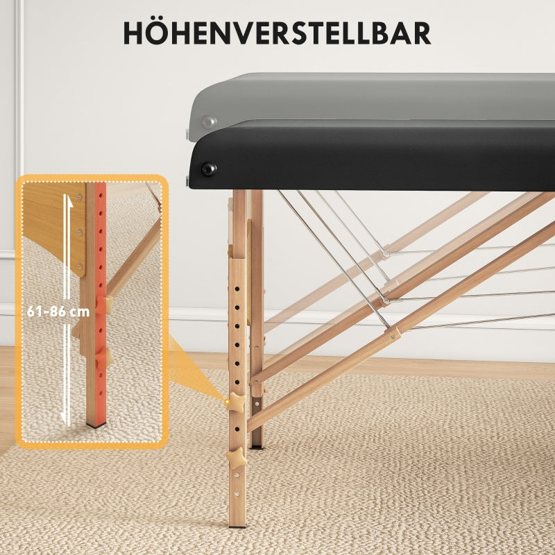 Mobile Massage Table, 2 Zones Foldable Adjustable 70 cm, Black Wooden Feet