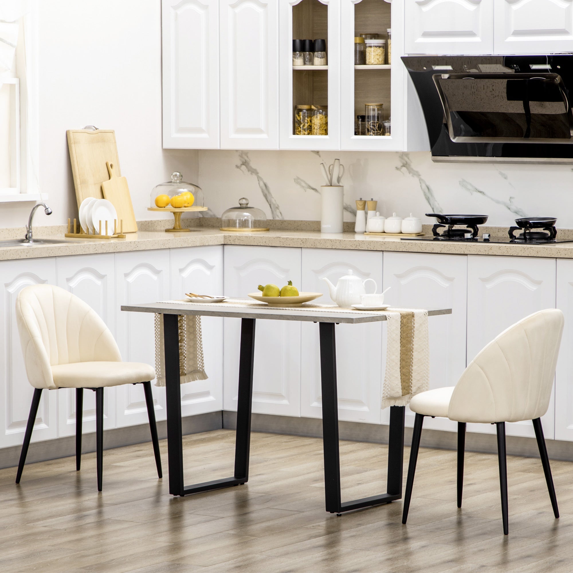 Dining Chairs, Set of 2 Upholstered with Velvet Backrest and Steel Legs, Cream