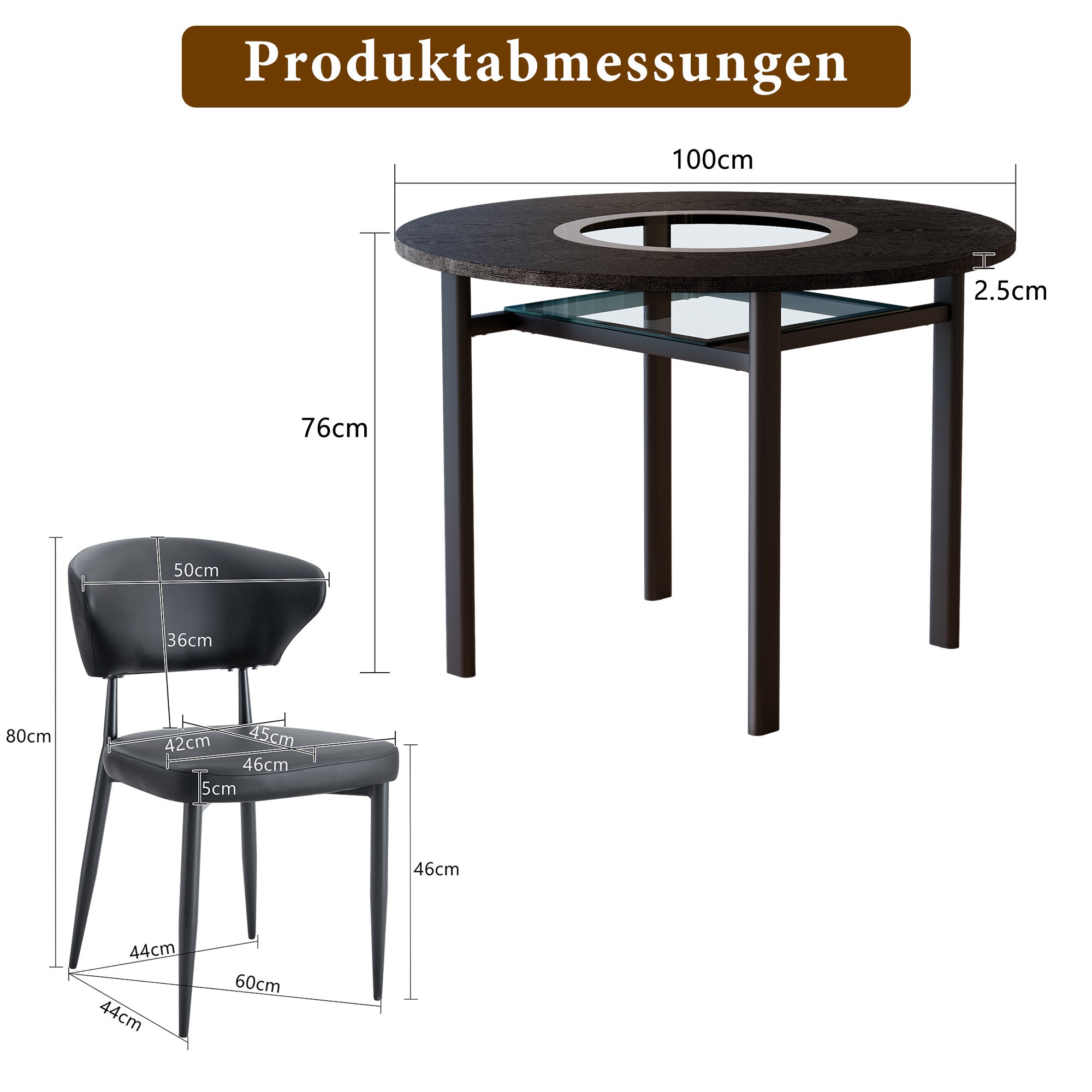 Minimalist Round Table Set 100cm Table 2 PU Armchairs Black Wood Look