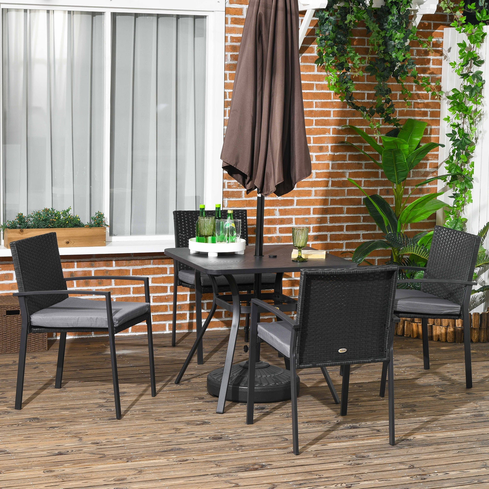 Five-Piece Garden Dining Set with Rattan Seat Chairs and Cushions - Black