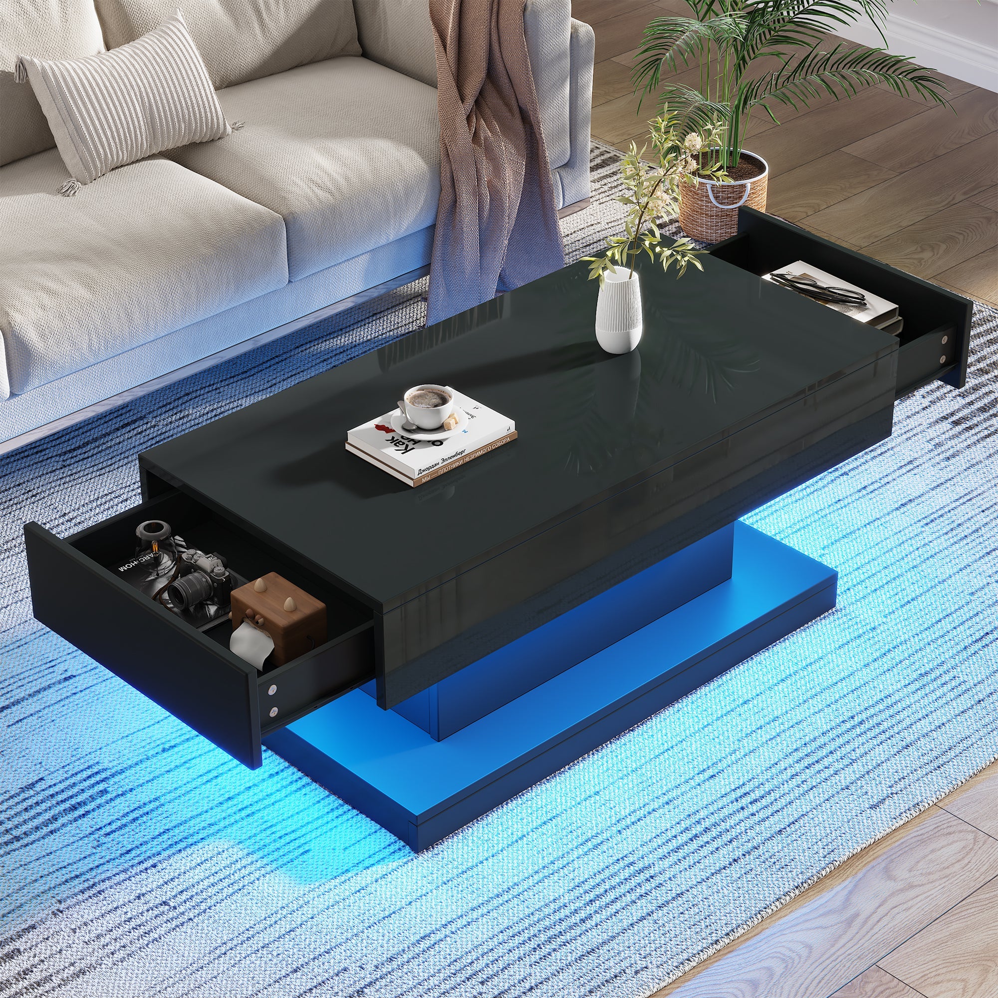 Coffee Table 100x50x45cm, 2 Drawers, LED Light, High-Gloss Black
